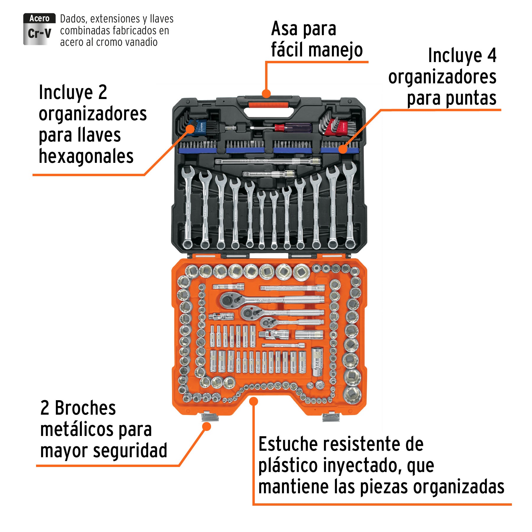 Juego de dados, cuadro 1/4, 3/8 y 1/2", 199 piezas, std y mm