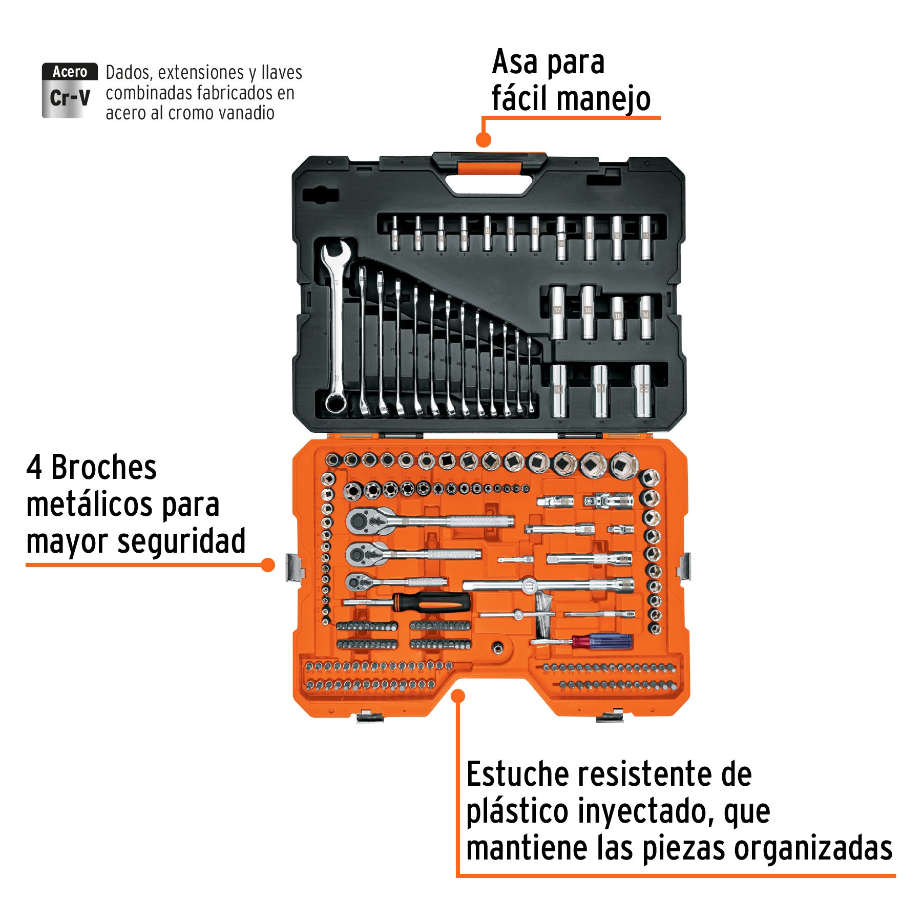 Juego autoclé, cuadro 1/4, 3/8 y 1/2", 210 piezas, std y mm