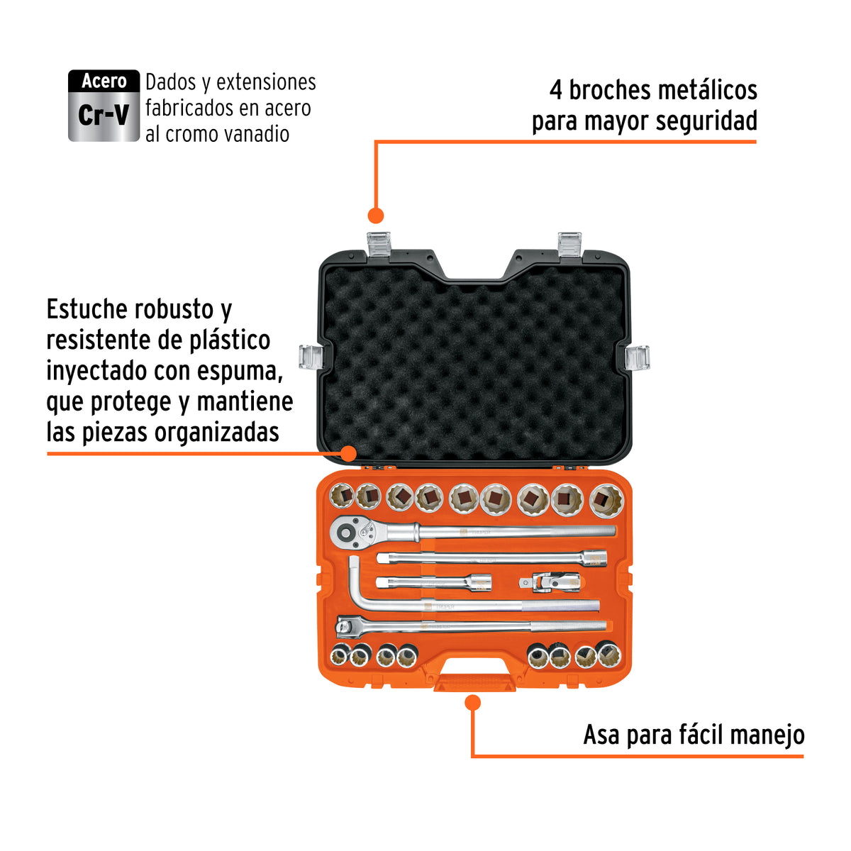 Juego de autoclé, cuadro 3/4", 23 piezas, milimétricos