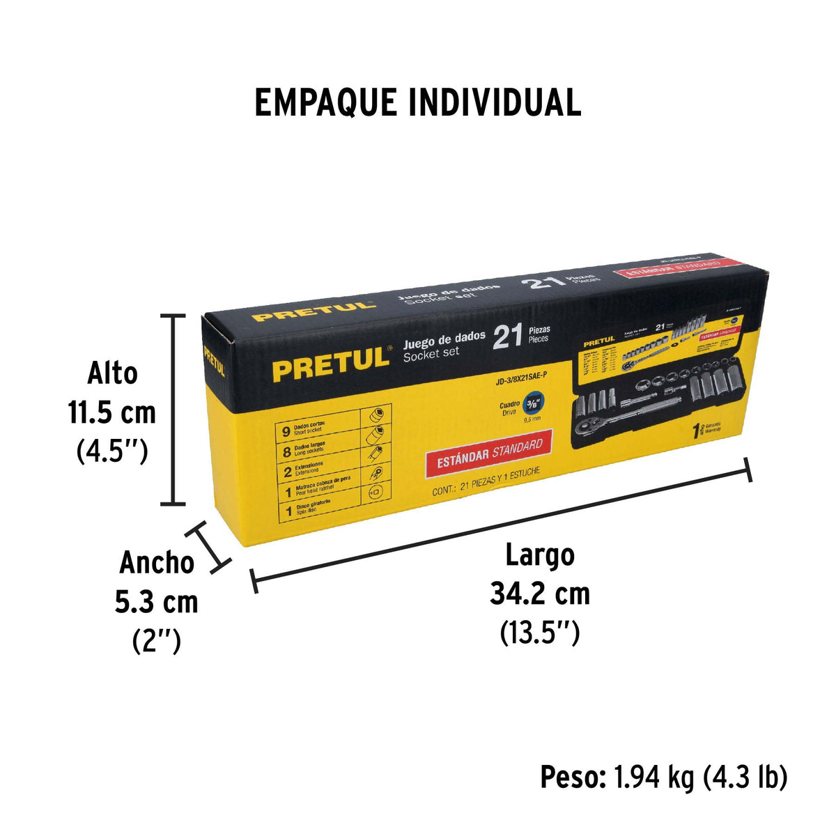 Juego de dados, cuadro 3/8", 21 pzas, standard, pretul