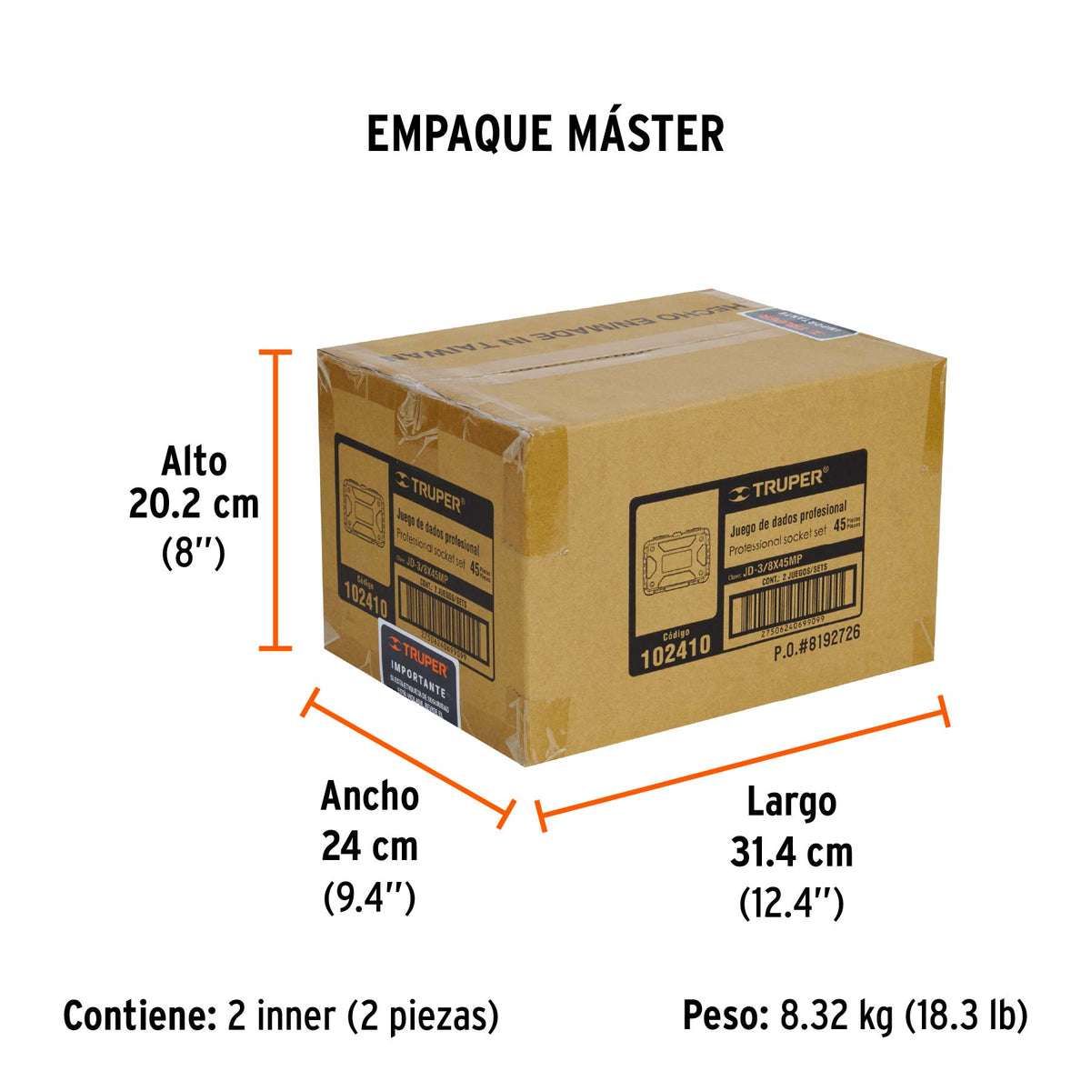 Juego de 45 herramientas cuadro 3/8' std y mm para mecánico