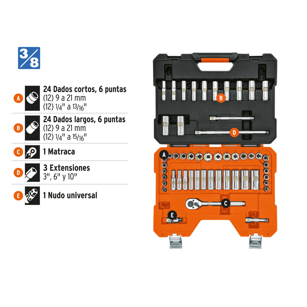 Juego de autoclé cuadro 3/8", 53 piezas, std y mm