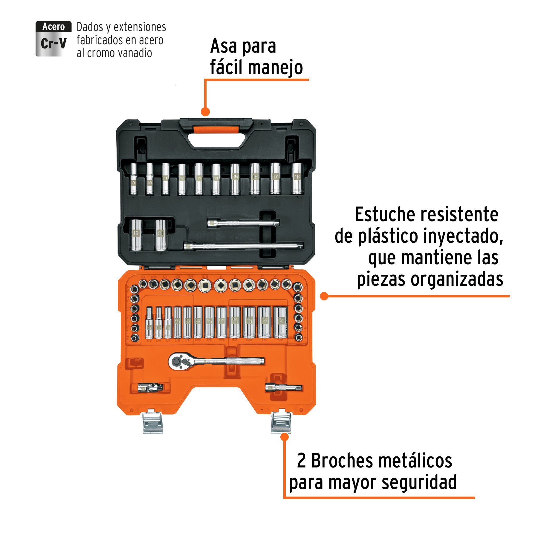 Juego de autoclé cuadro 3/8", 53 piezas, std y mm