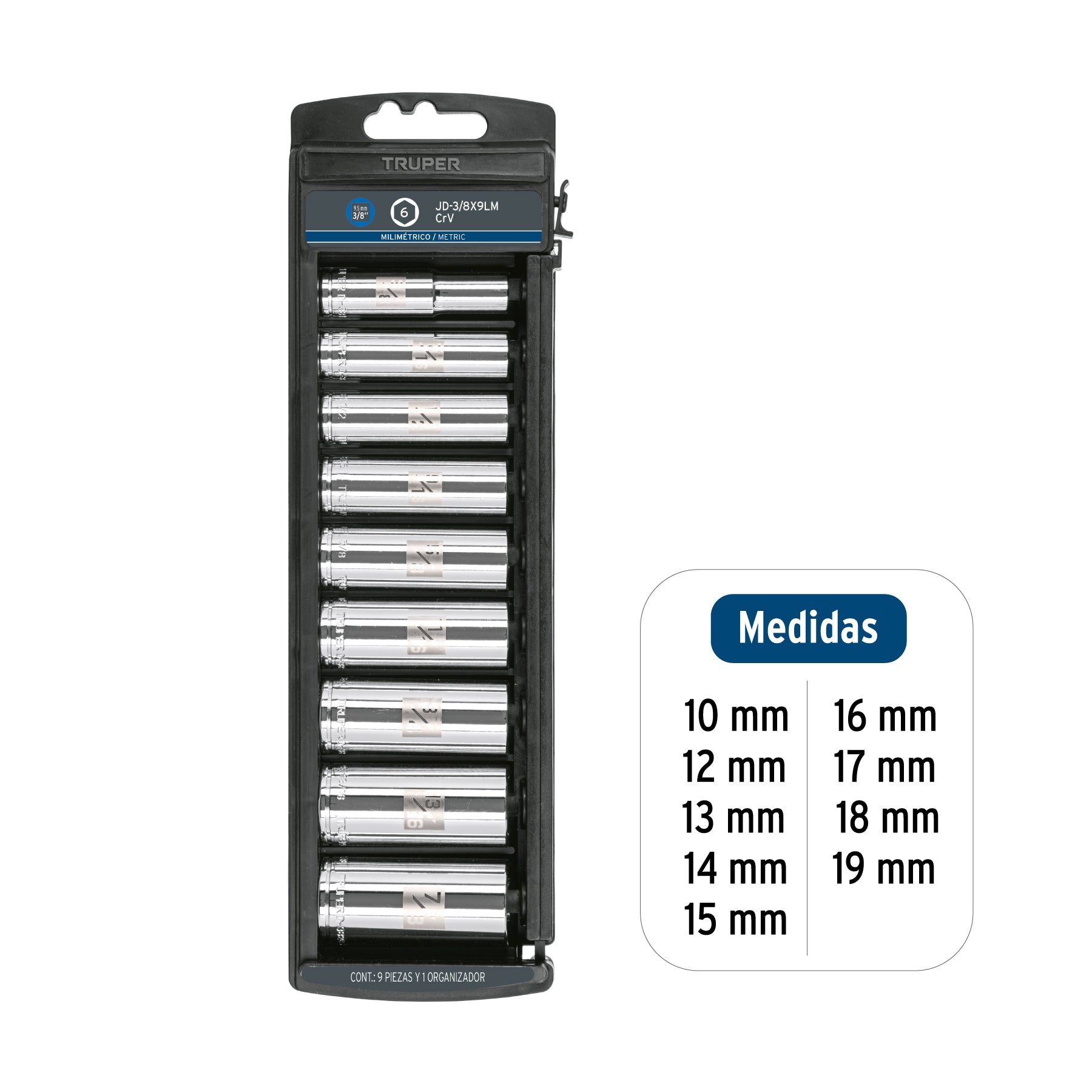 Juego de dados largos, cuadro 3/8", 9 piezas, milimétricos