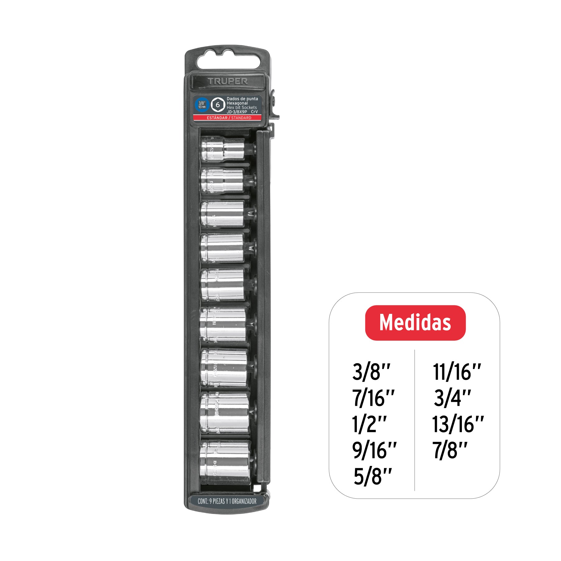 Juego de dados, cuadro 3/8", 9 piezas