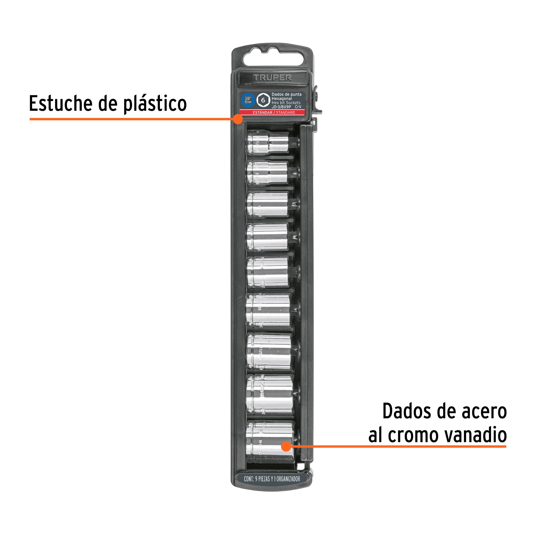 Juego de dados, cuadro 3/8", 9 piezas
