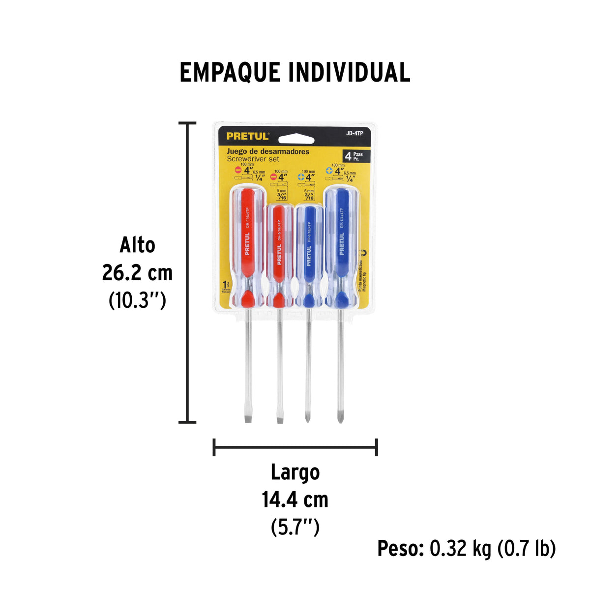 Juego de desarmadores, 4 piezas, mango pvc, pretul