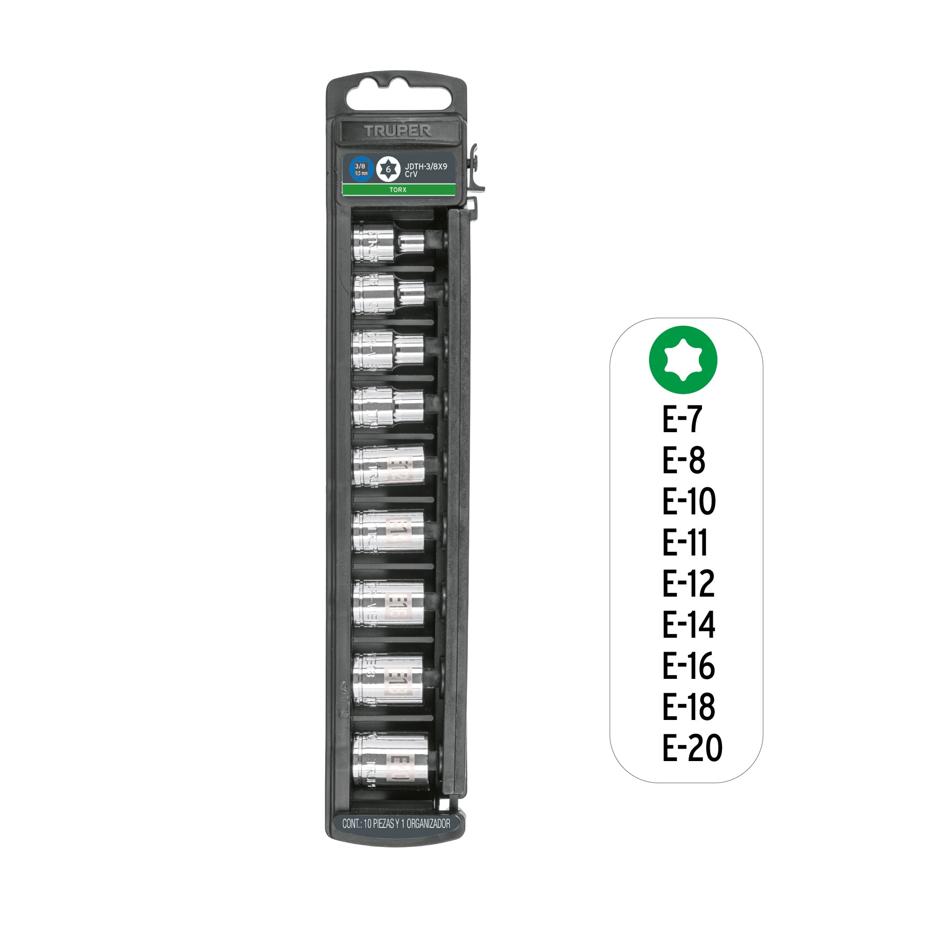 Juego dados, punta torx, 3/8", 9 piezas