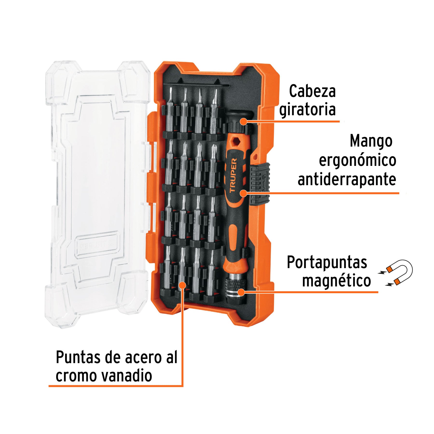 Juego desarmadores precisión, puntas intercambiables, 17pzas