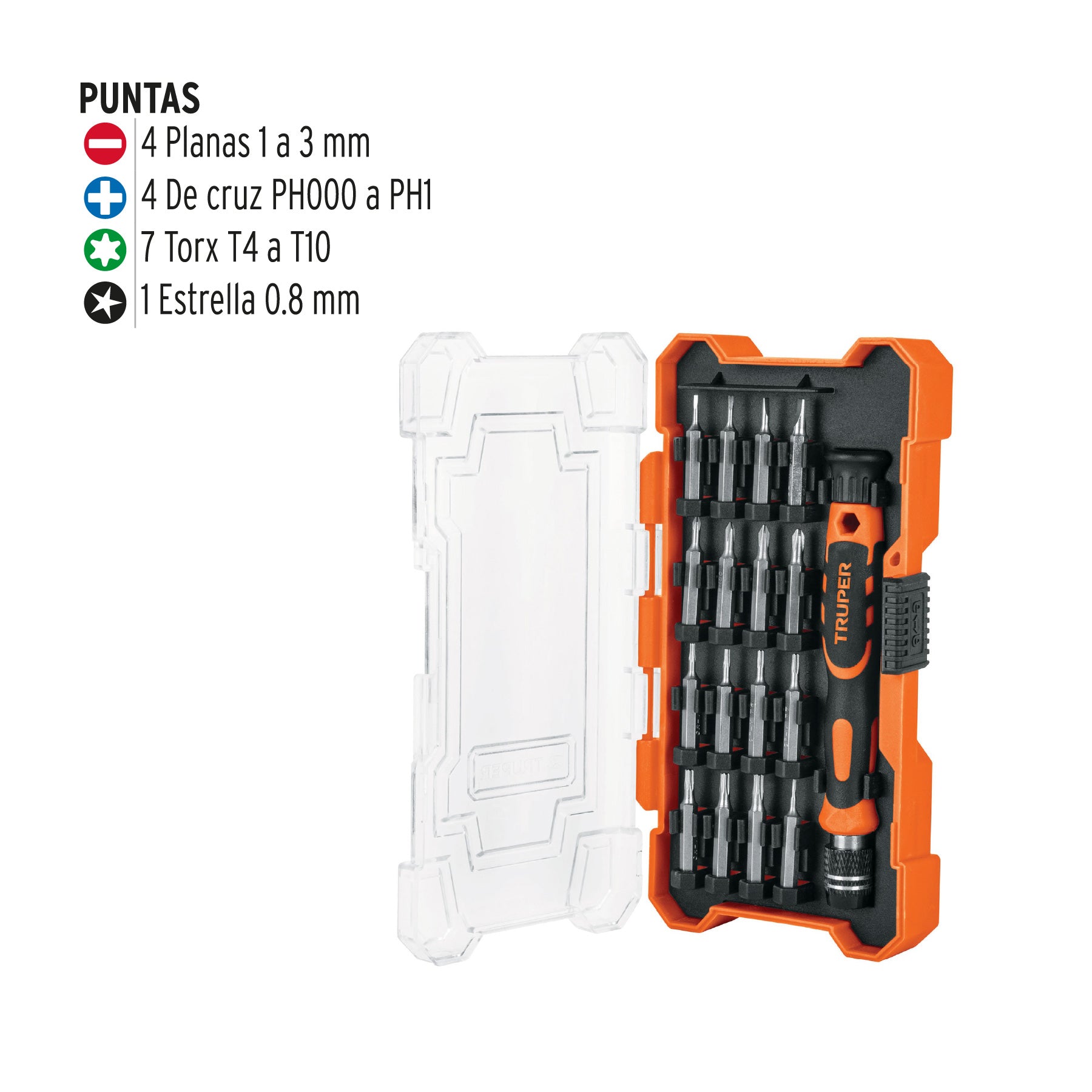 Juego desarmadores precisión, puntas intercambiables, 17pzas