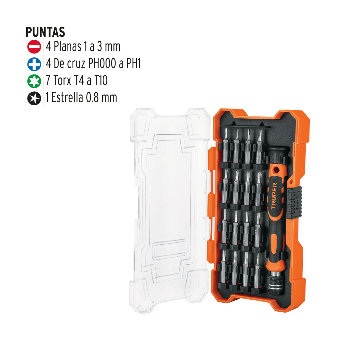 Juego desarmadores precisión, puntas intercambiables, 17pzas