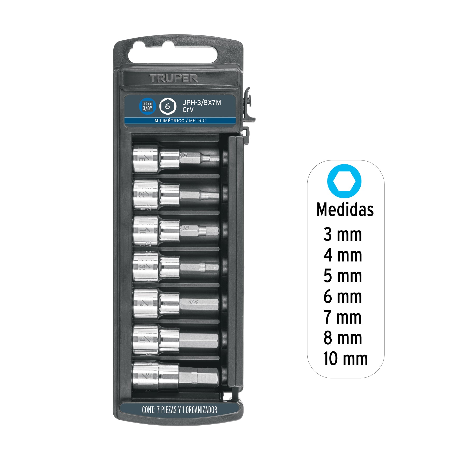 Juego de dados, punta hexagonal, cuadro 3/8", 7 piezas, mm