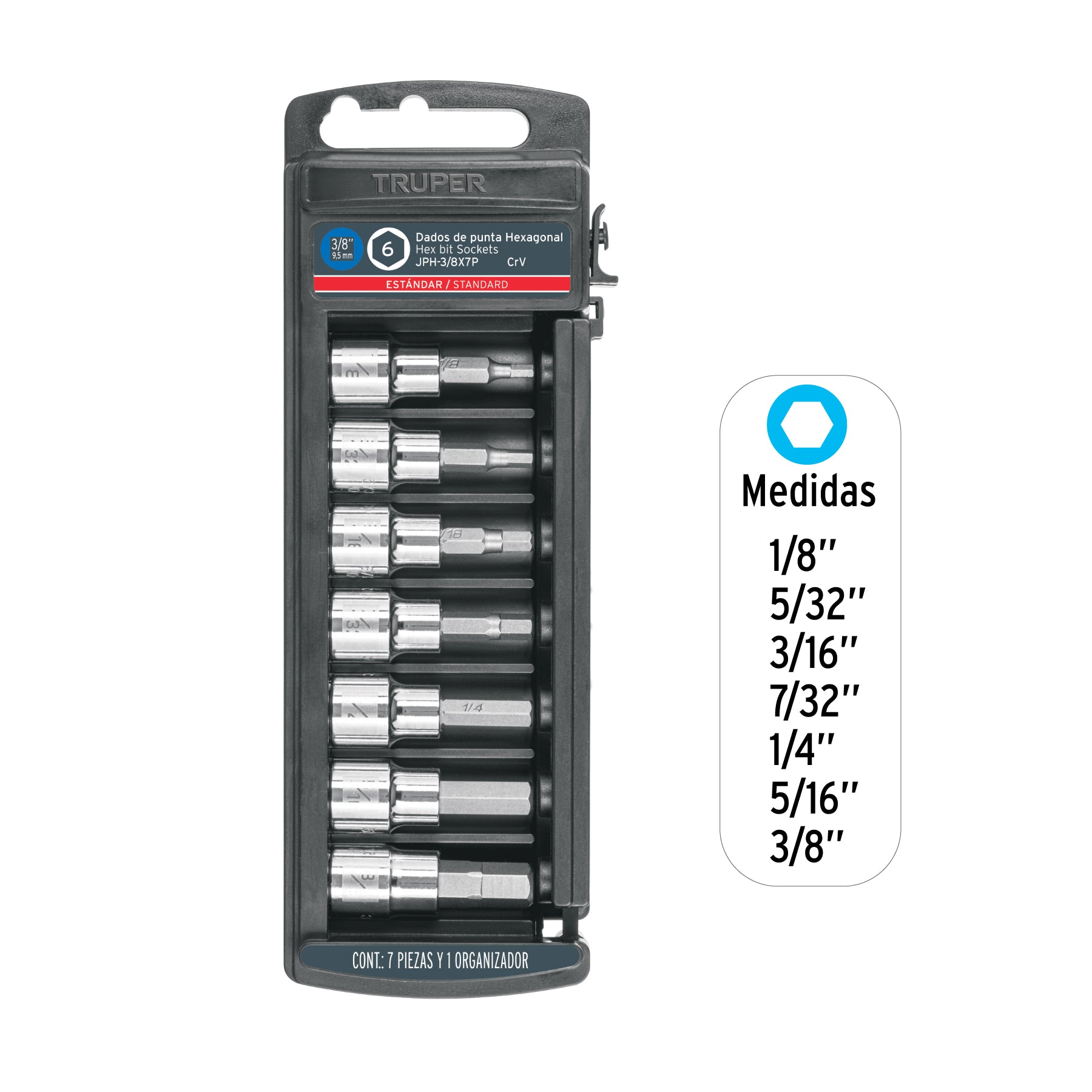 Juego de dados, punta hexagonal, cuadro 3/8", 7 piezas