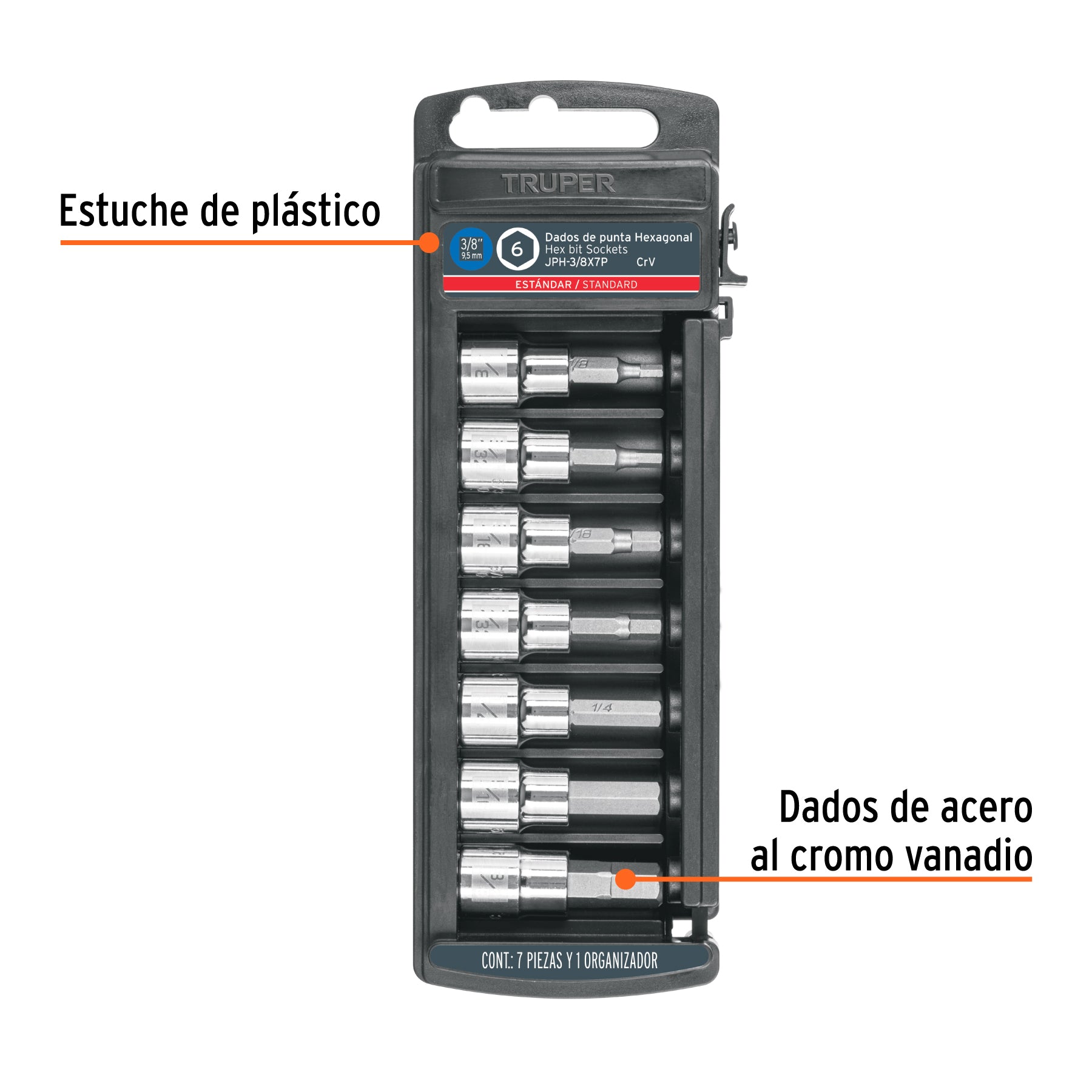 Juego de dados, punta hexagonal, cuadro 3/8", 7 piezas