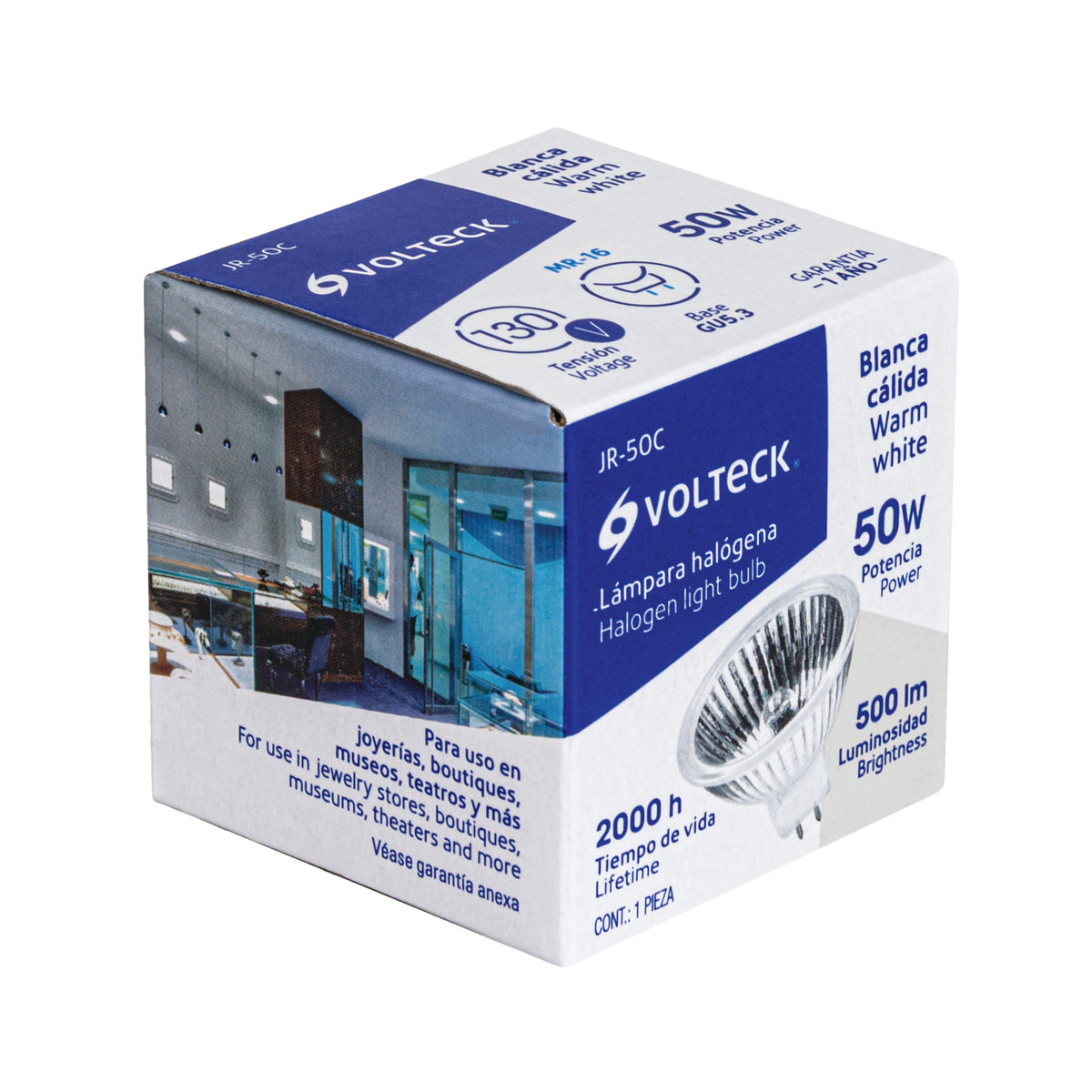 Foco de halógeno tipo JR, 50 w, transparente, Volteck