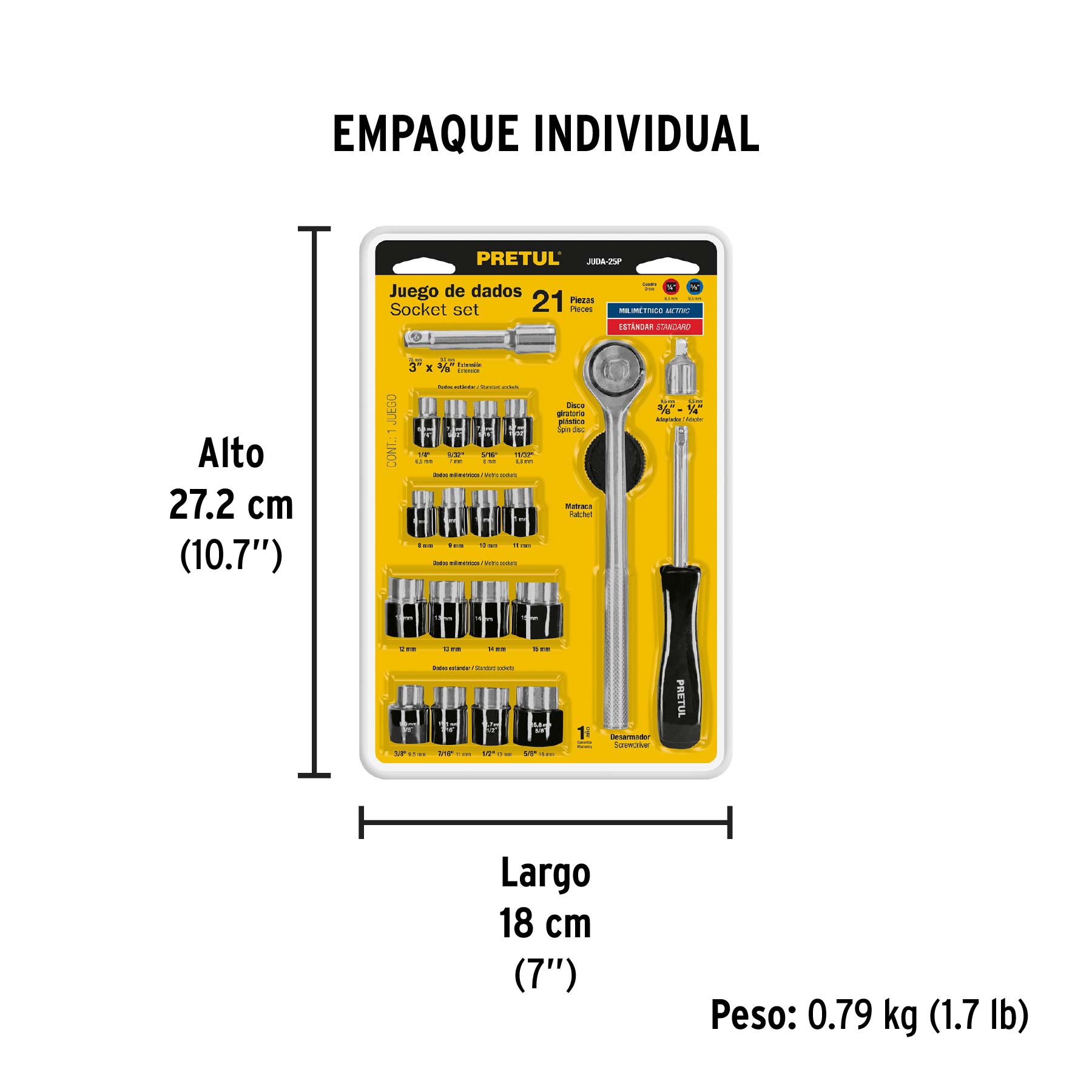 Juego de dados, cuadro 1/4 y 3/8", 21 piezas, Pretul