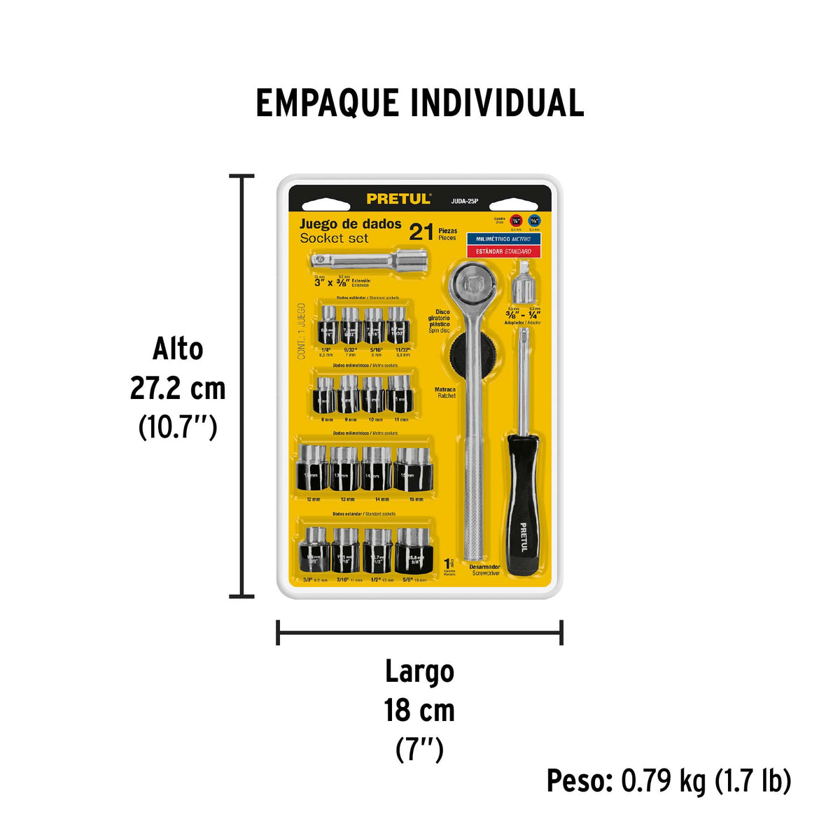 Juego de dados, cuadro 1/4 y 3/8", 21 piezas, Pretul