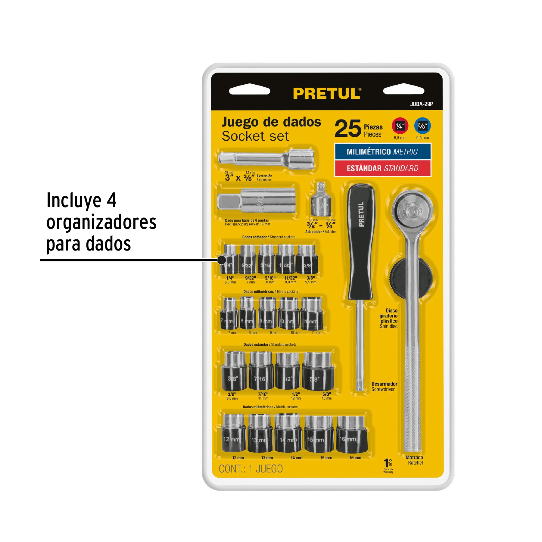 Juego de dados, cuadro 1/4 y 3/8", 25 piezas, Pretul