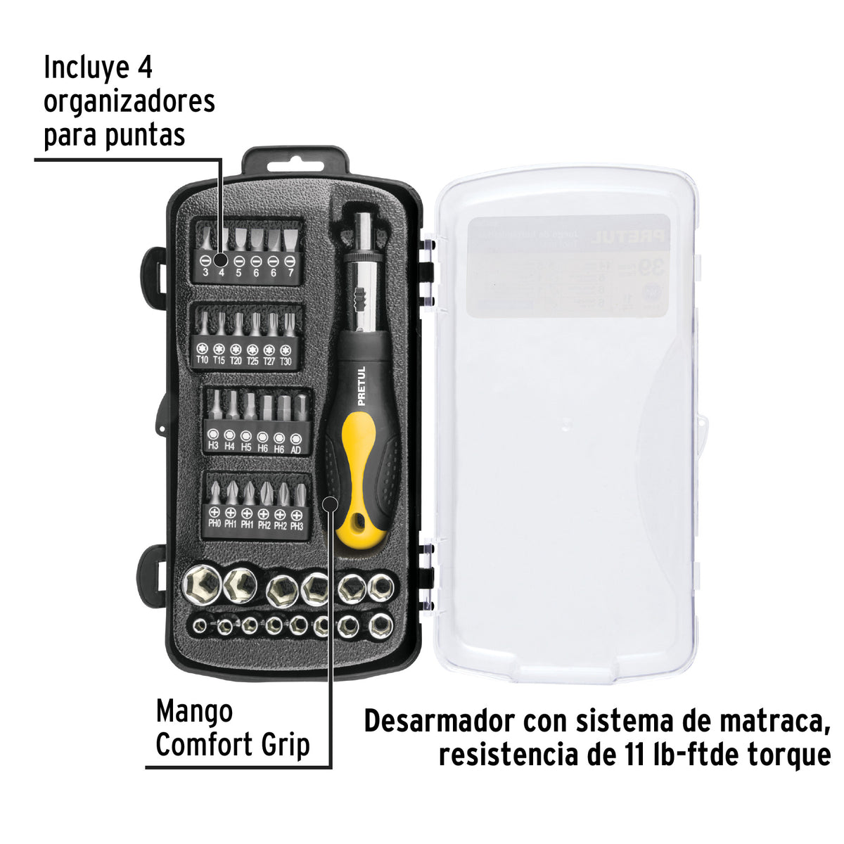 Juego de dados, cuadro 1/4", 39 piezas, Pretul