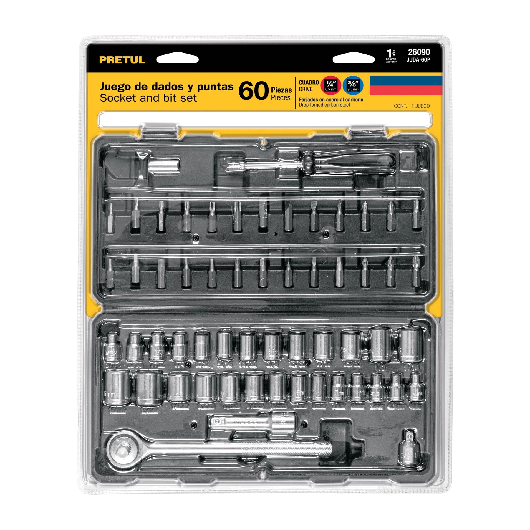 Juego de 60 herramientas 1/4' y 3/8' para mecánico, Pretul