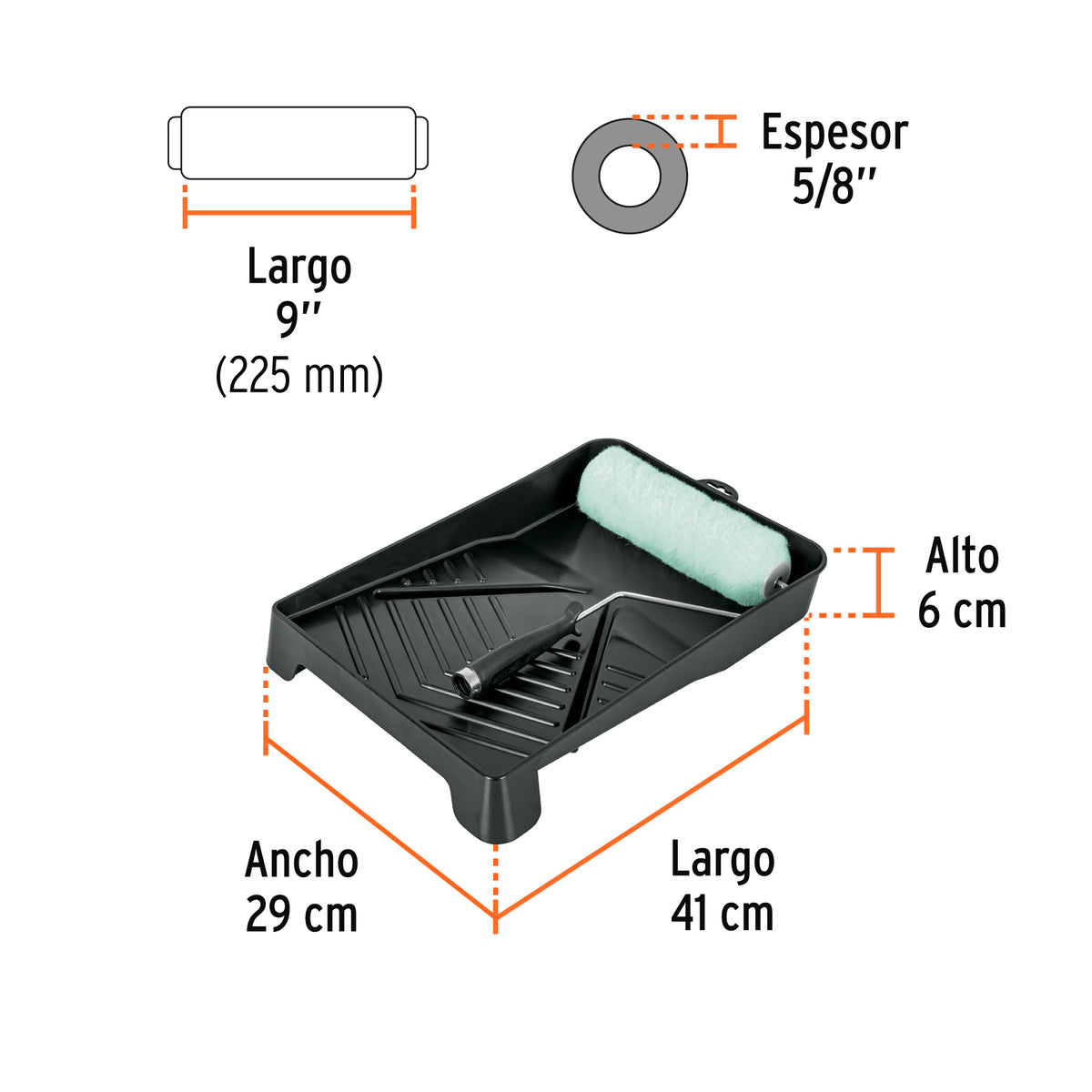 Kit de rodillo para pintar, 9" (maneral, charola y felpa)