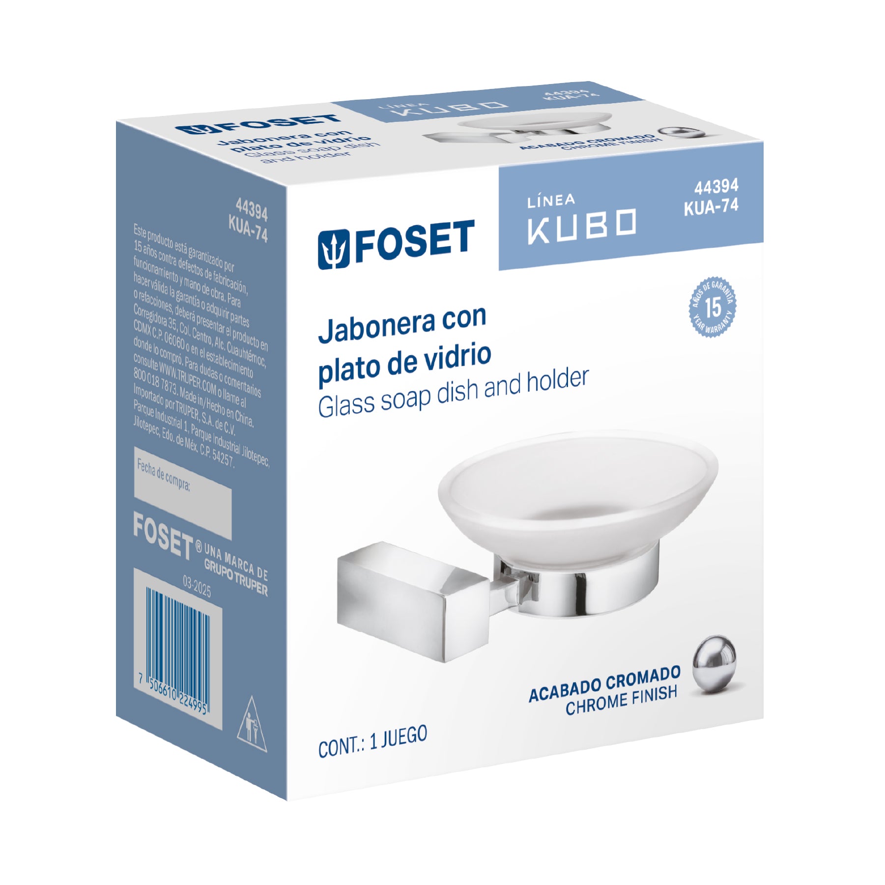 Jabonera con plato de vidrio, cromo, FOSET KUBO
