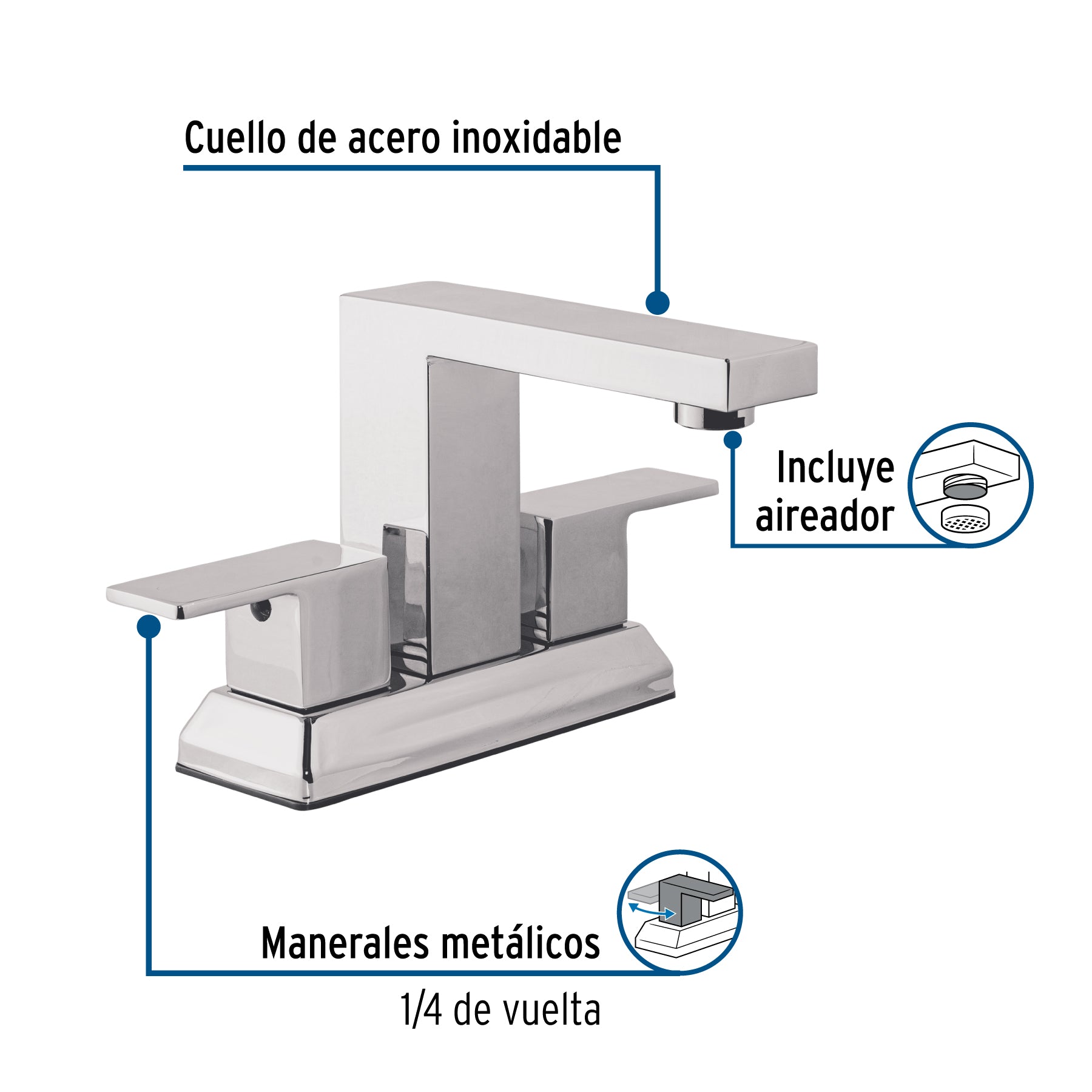 Mezcladora para lavabo 4', cromo, FOSET KUBO