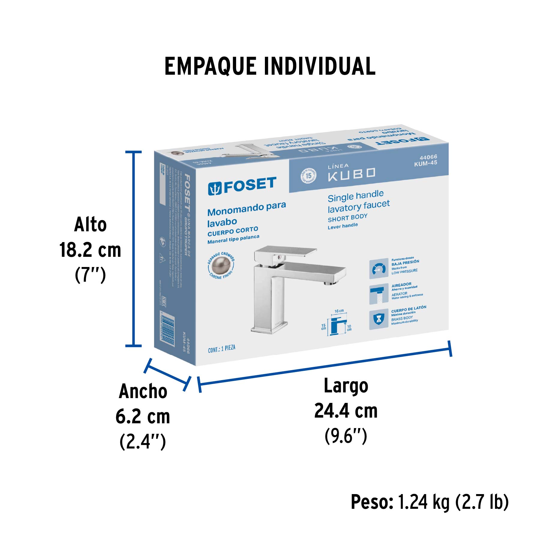 Monomando corto para lavabo, cromo, FOSET KUBO