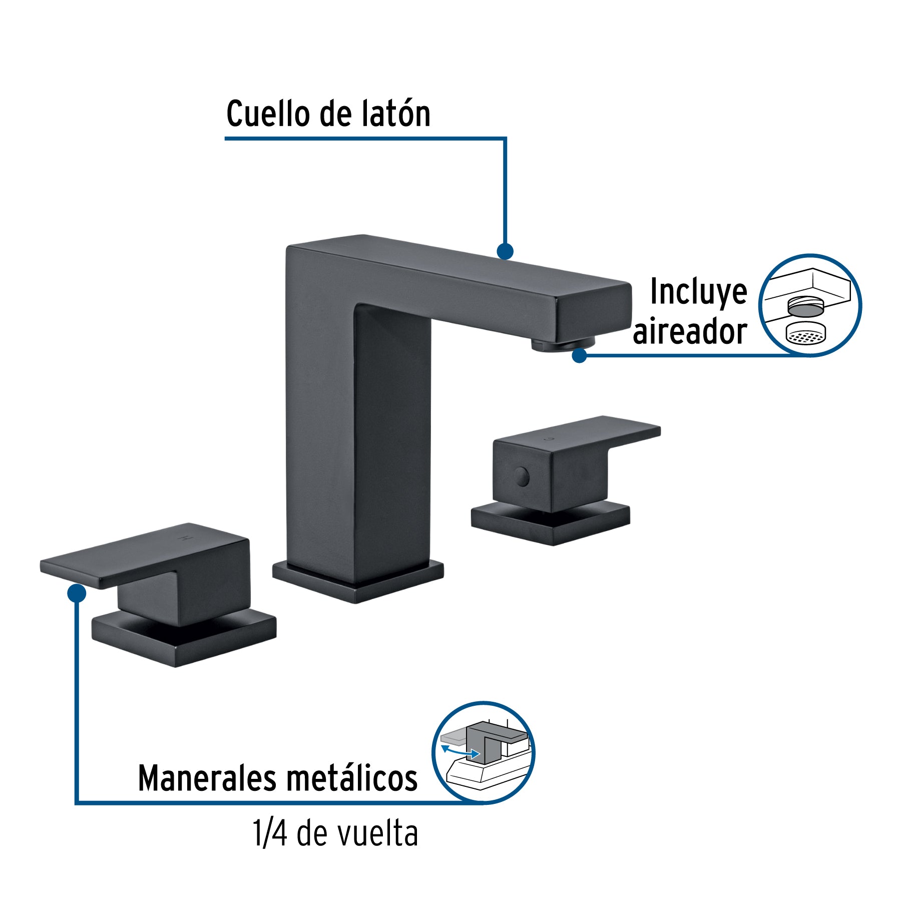 Mezcladora para lavabo taladros separados, negro, FOSET KUBO