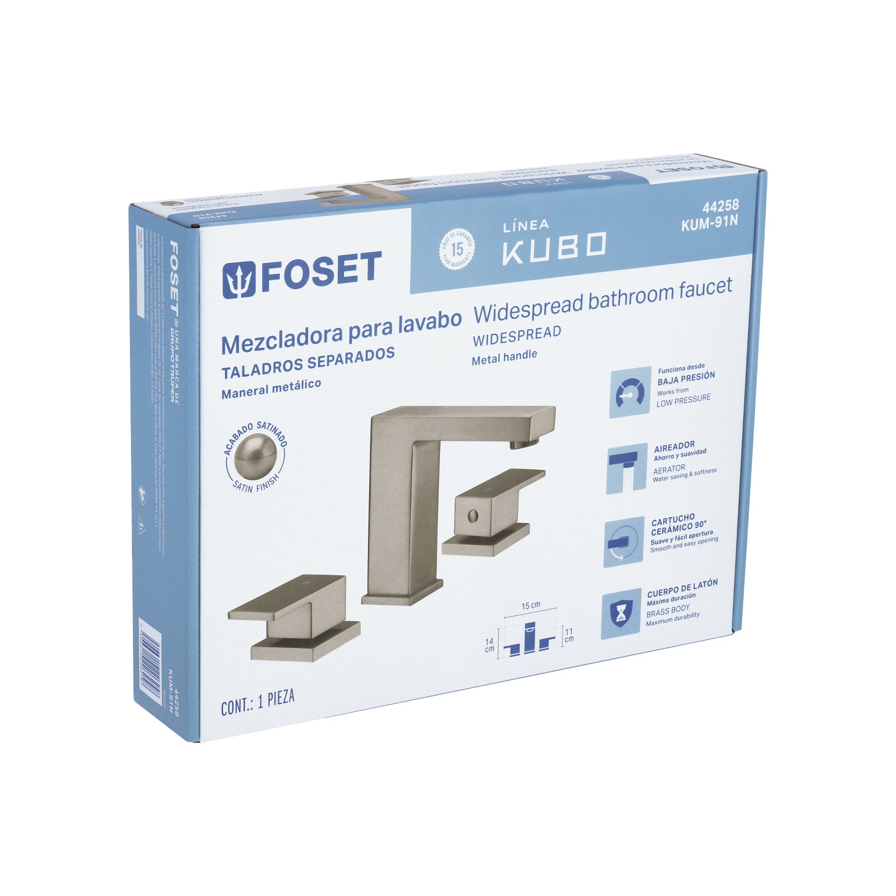 Mezcladora para lavabo taladros separados, satín, FOSET KUBO