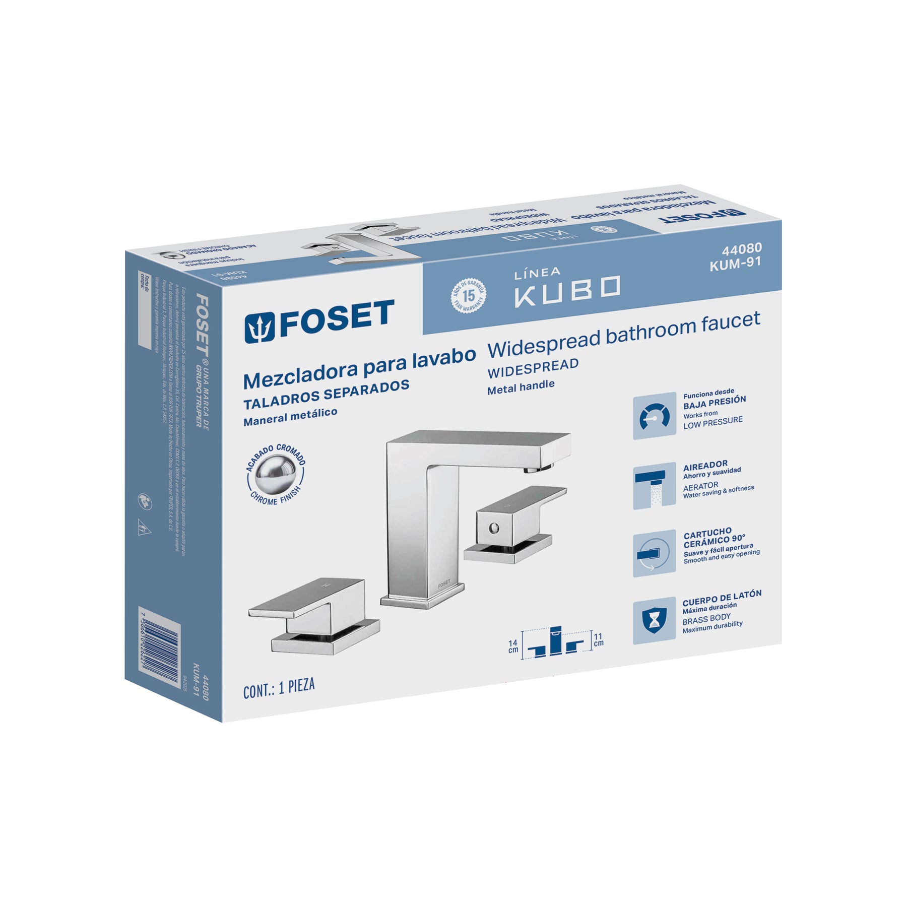 Mezcladora para lavabo taladros separados, cromo, FOSET KUBO