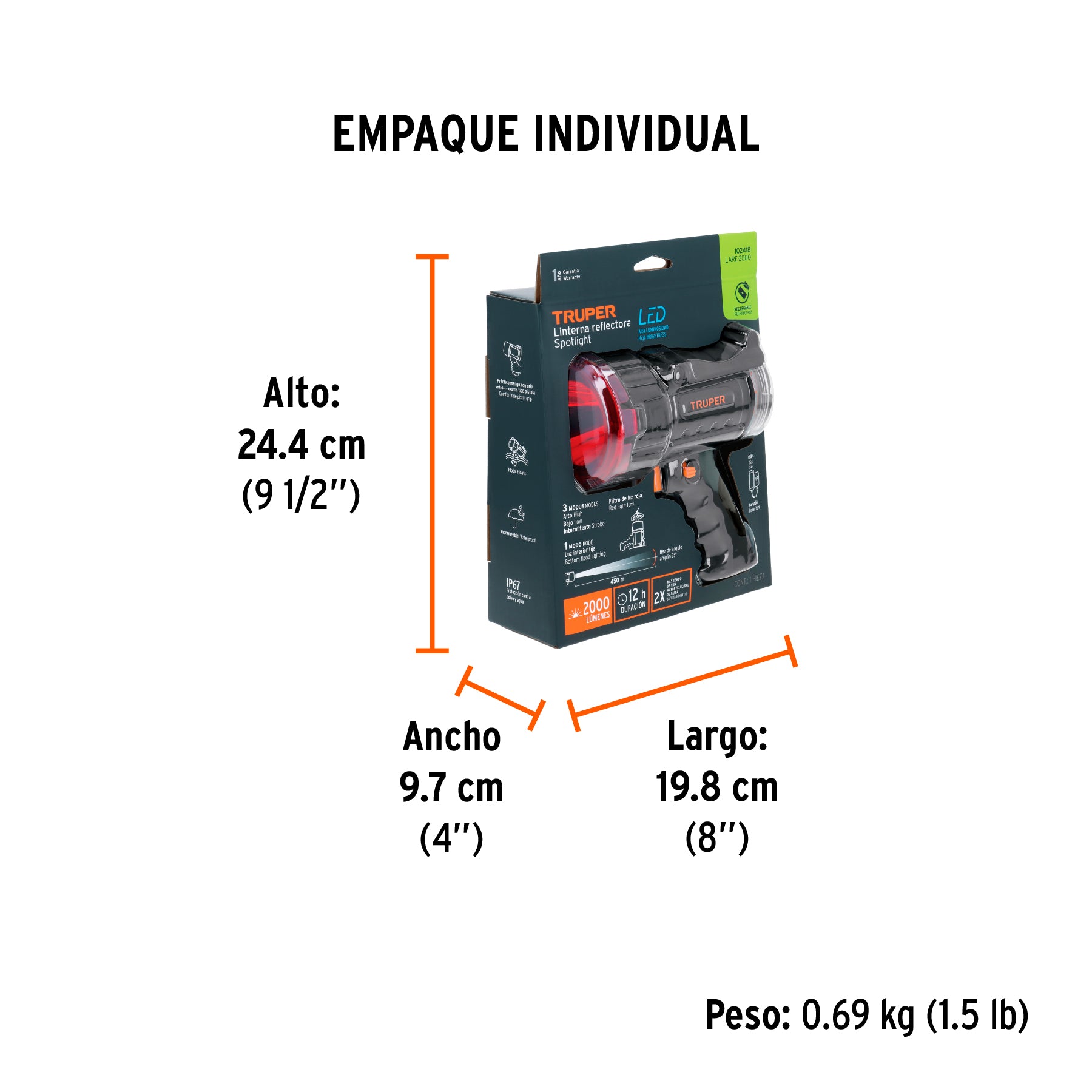 Lámpara de LED 2000 lm recargable alta potencia, Truper