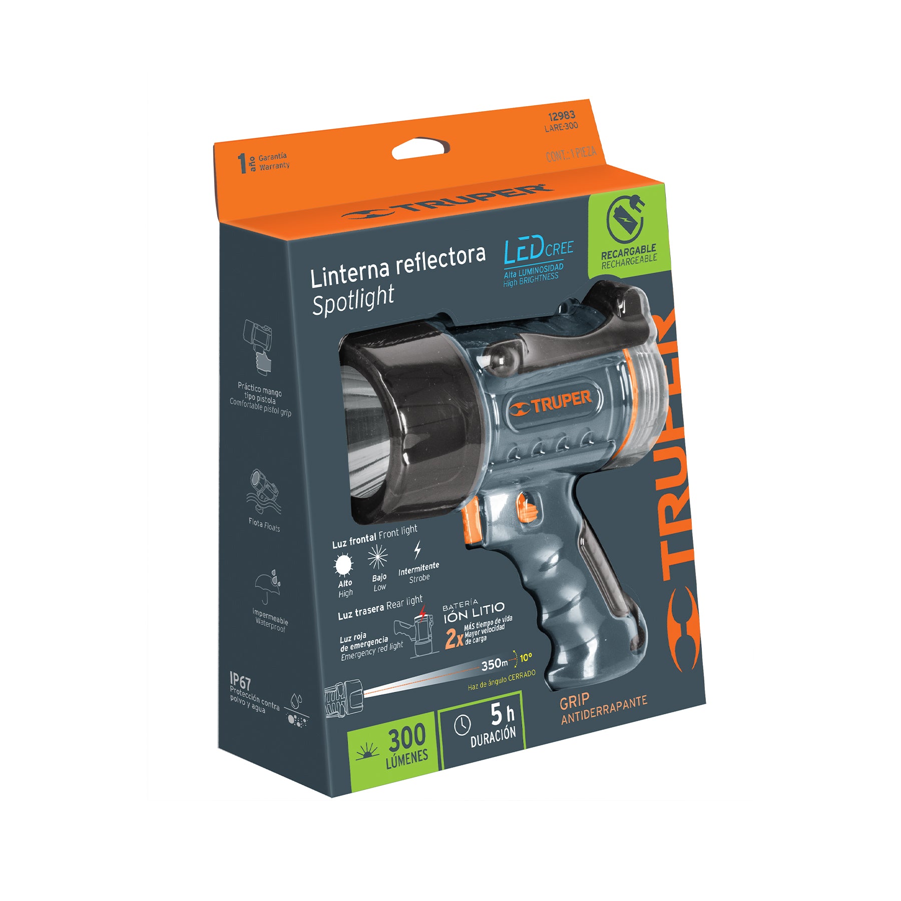Lámpara recargable de led alta potencia, 300 lm, 7 W