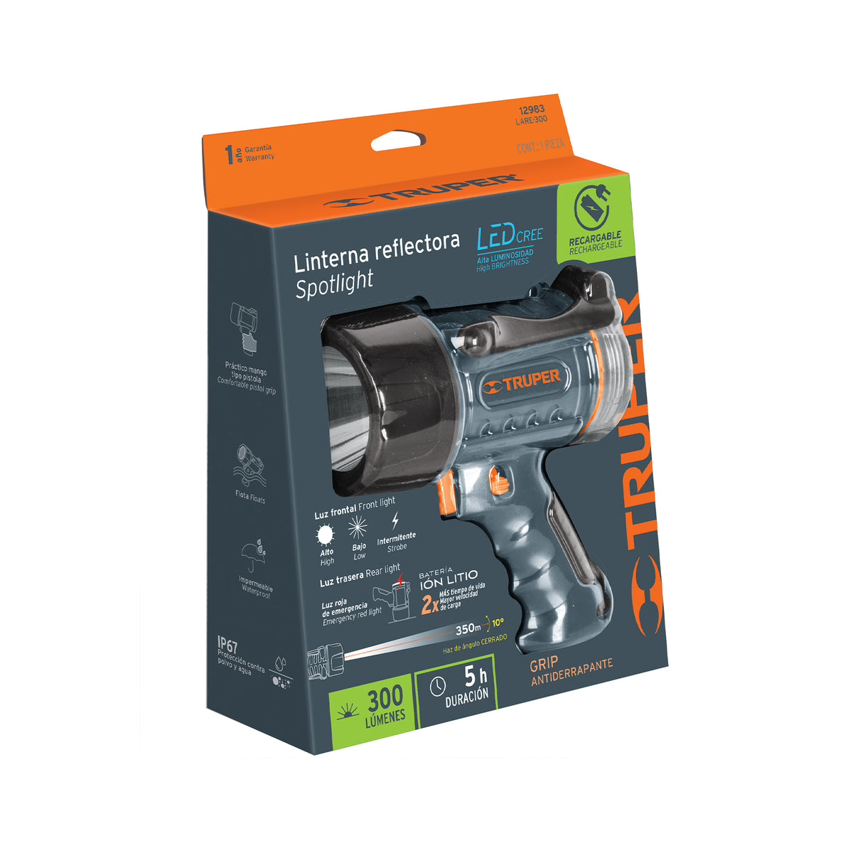 Lámpara recargable de led alta potencia, 300 lm, 7 W