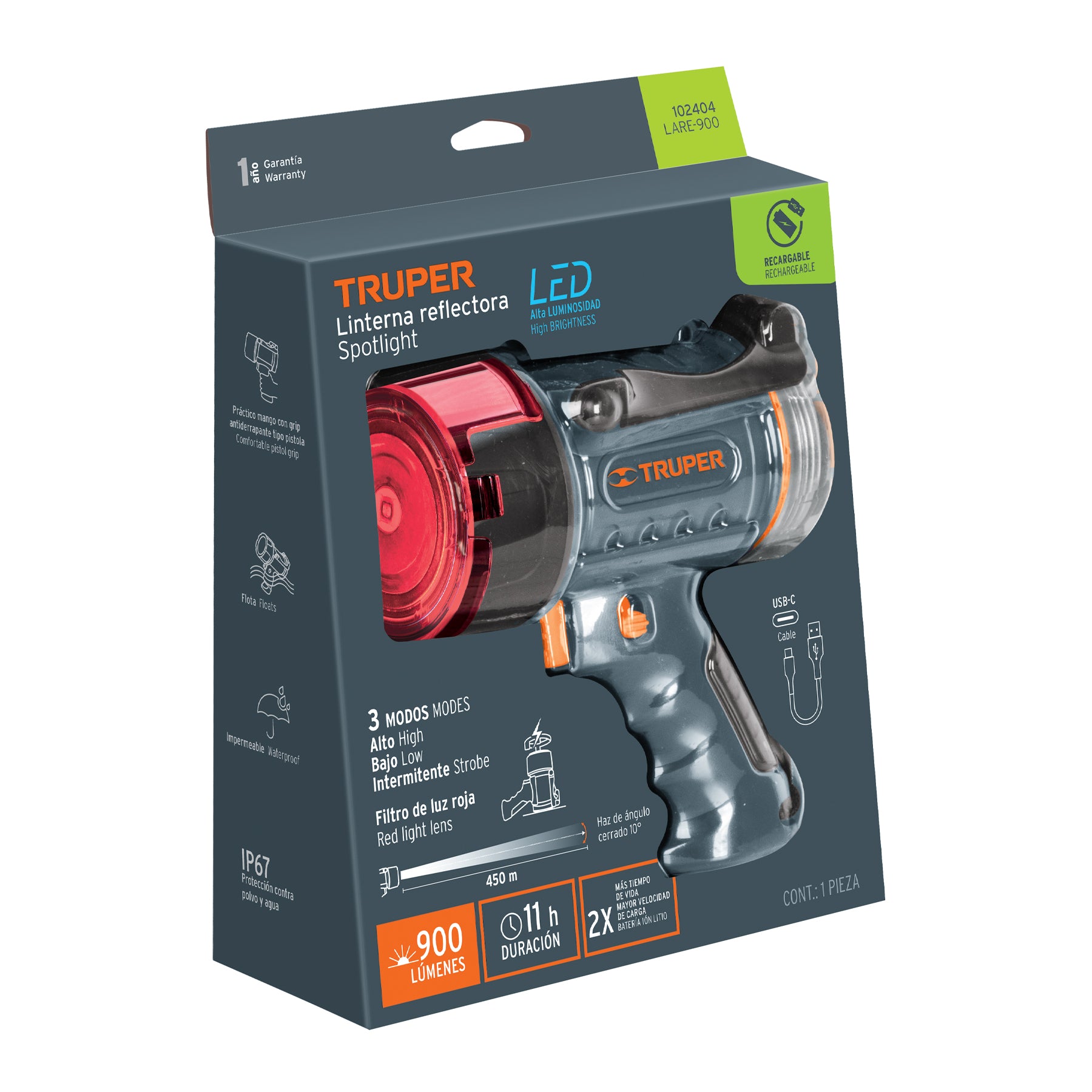 Lámpara de LED 900 lm recargable alta potencia, Truper