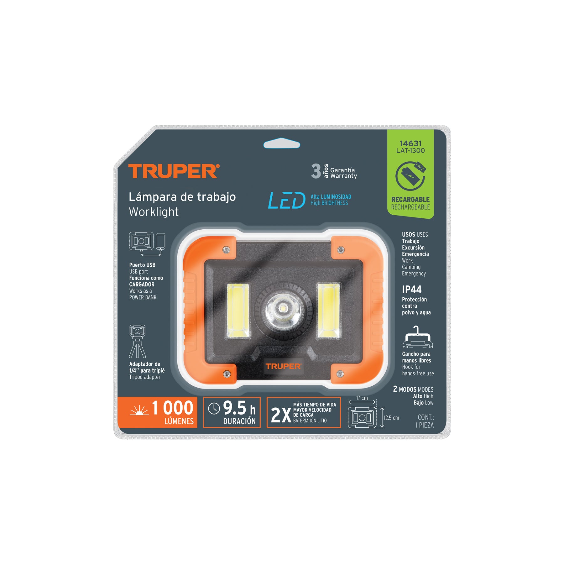 Lámpara de trabajo recargable de LEDs laterales y central