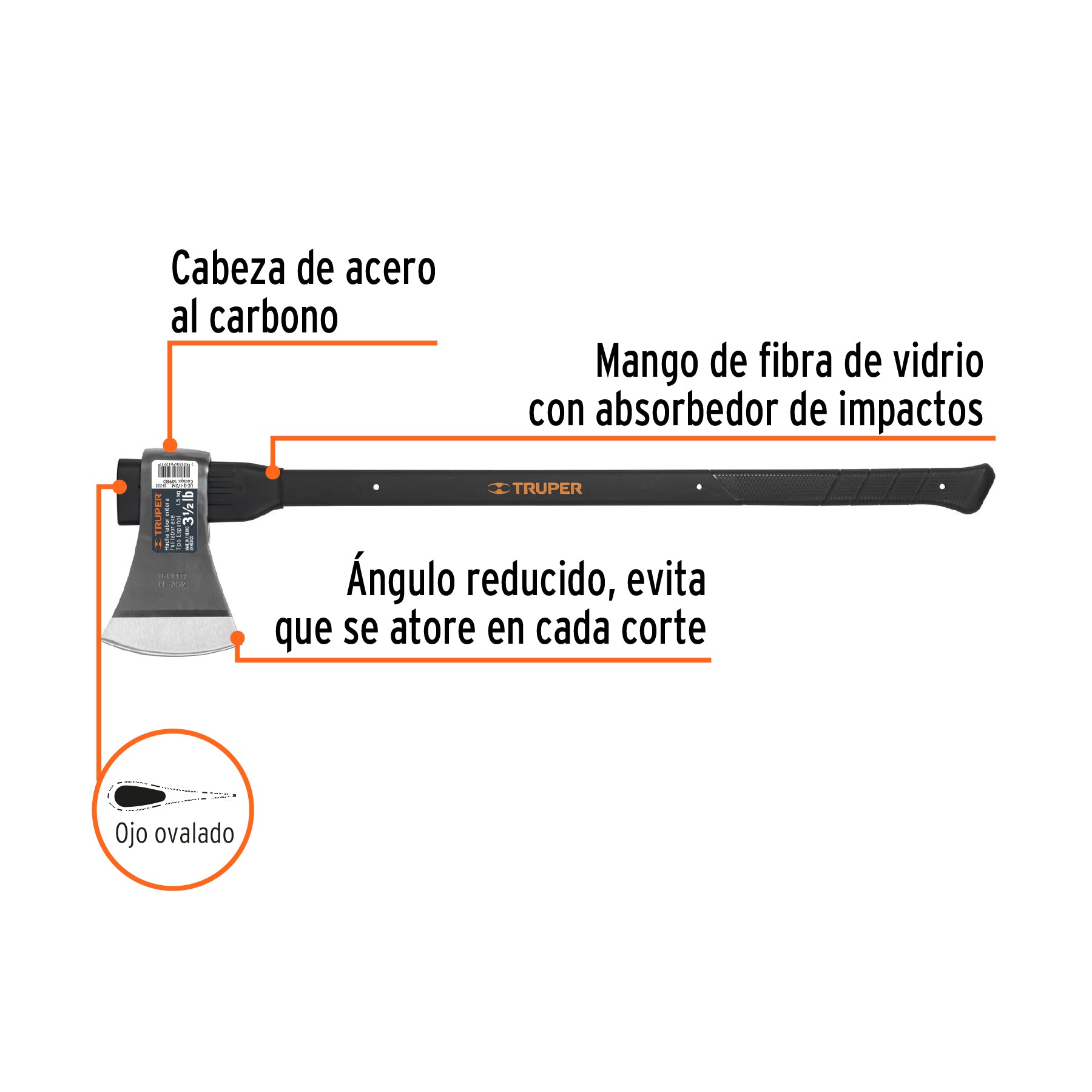 Hacha labor entera 3-1/2 lb, mango de fibra de vidrio 36'