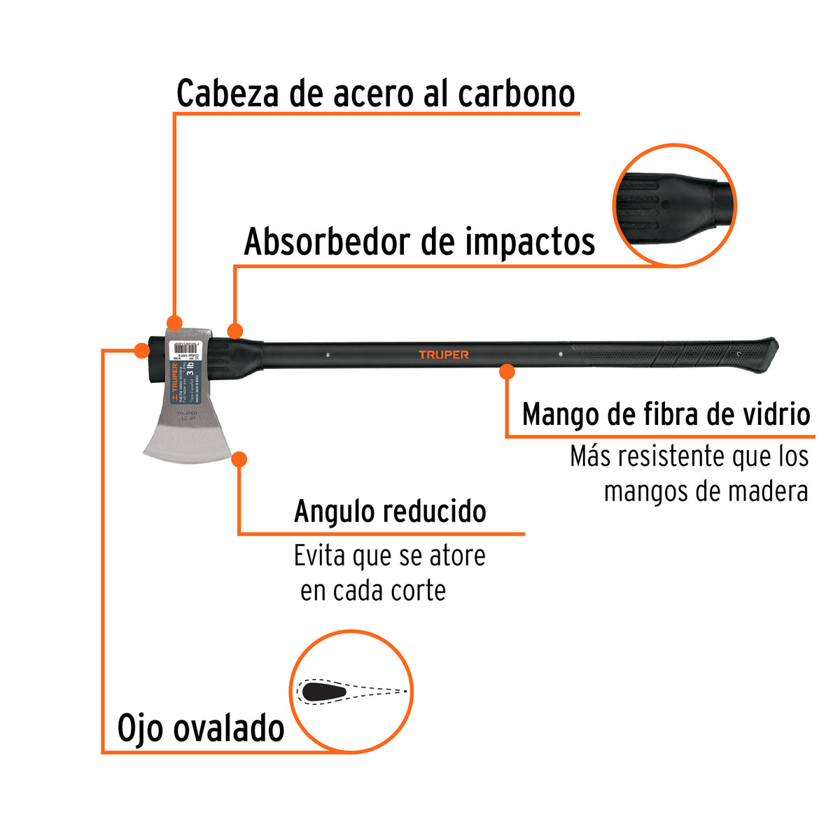 Hacha labor entera 3 lb, mango de fibra de vidrio 36',TRUPER