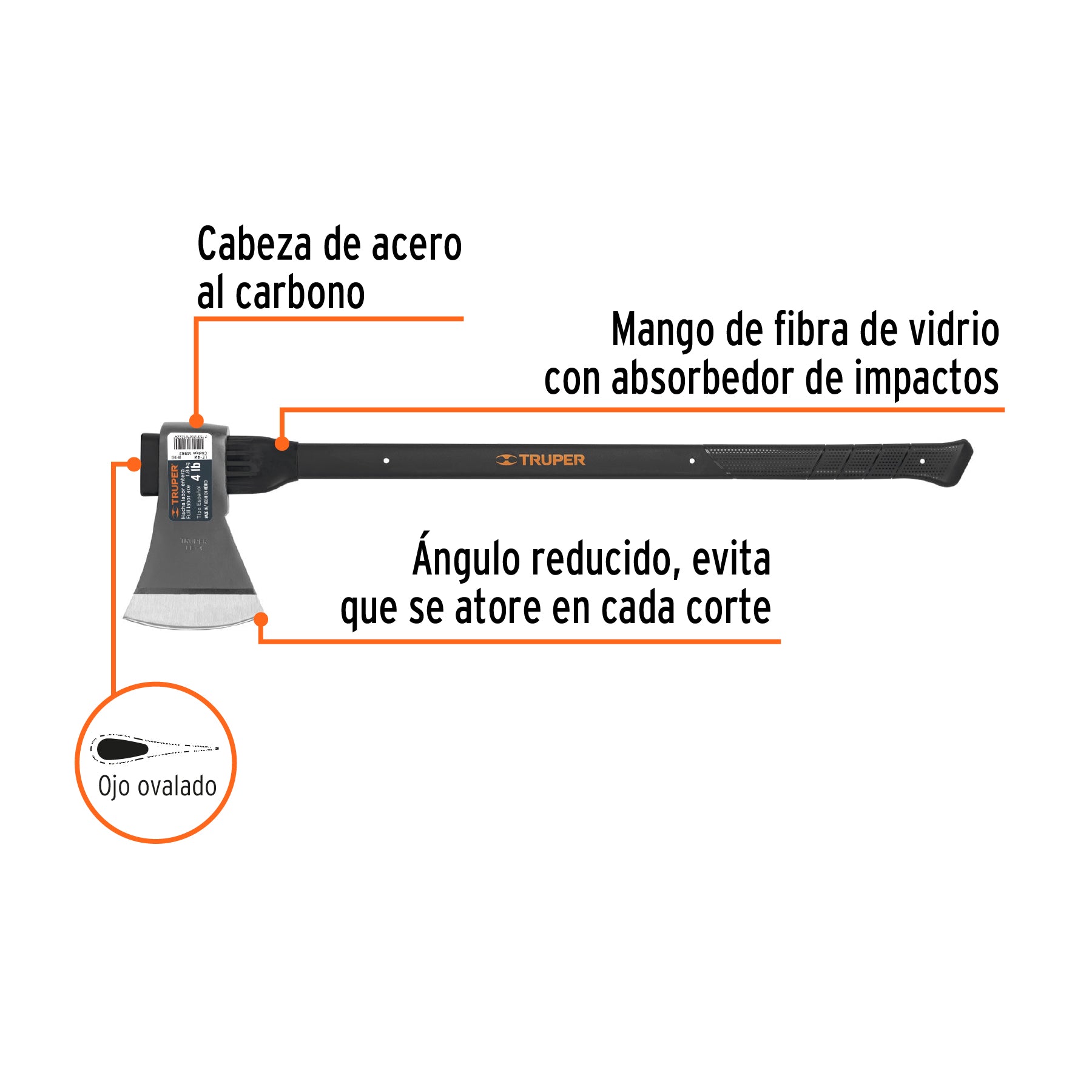 Hacha labor entera 4 lb, mango de fibra de vidrio 36',TRUPER