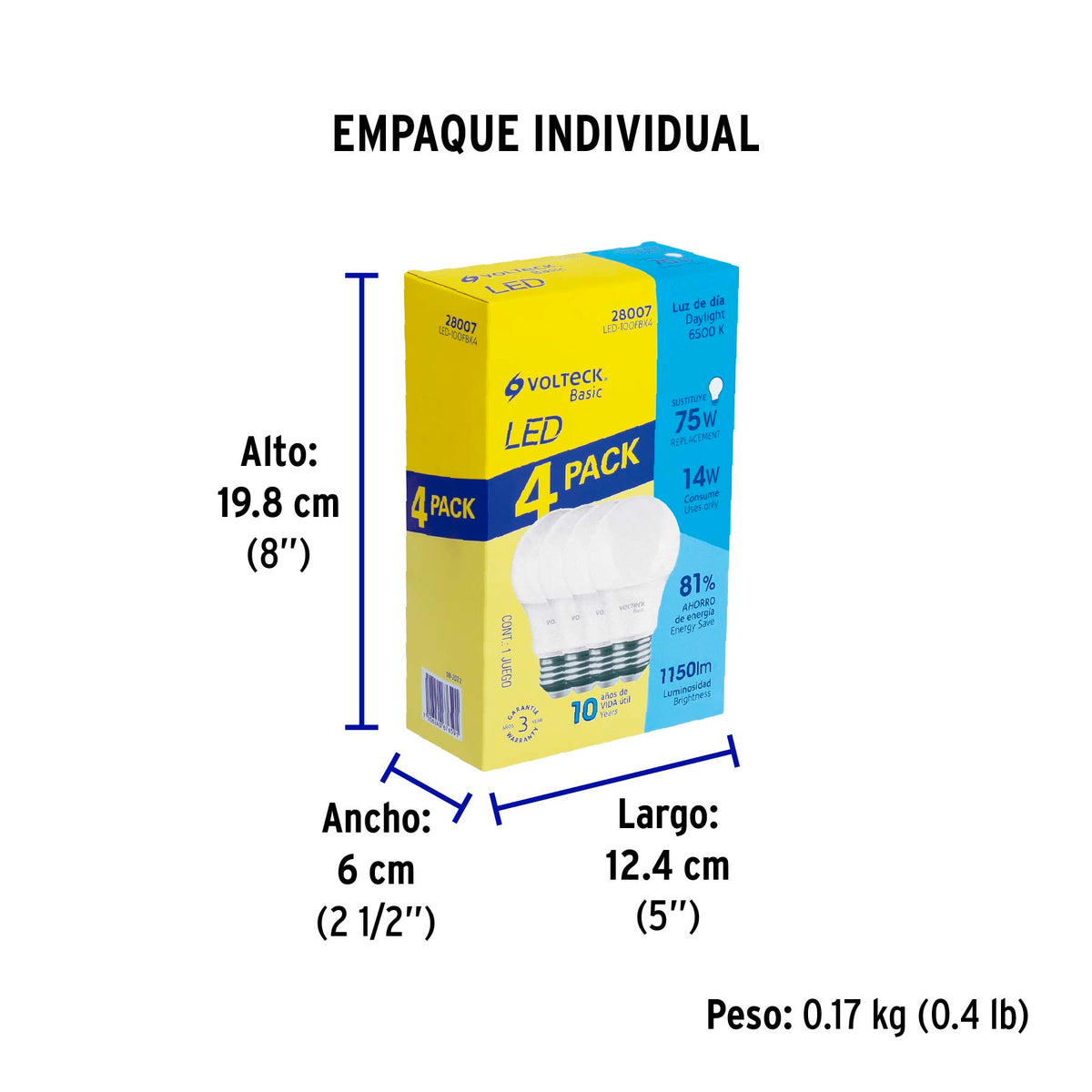Lámpara LED,A19,14W,luz de día,Volteck Basic, 4 pzas en caja