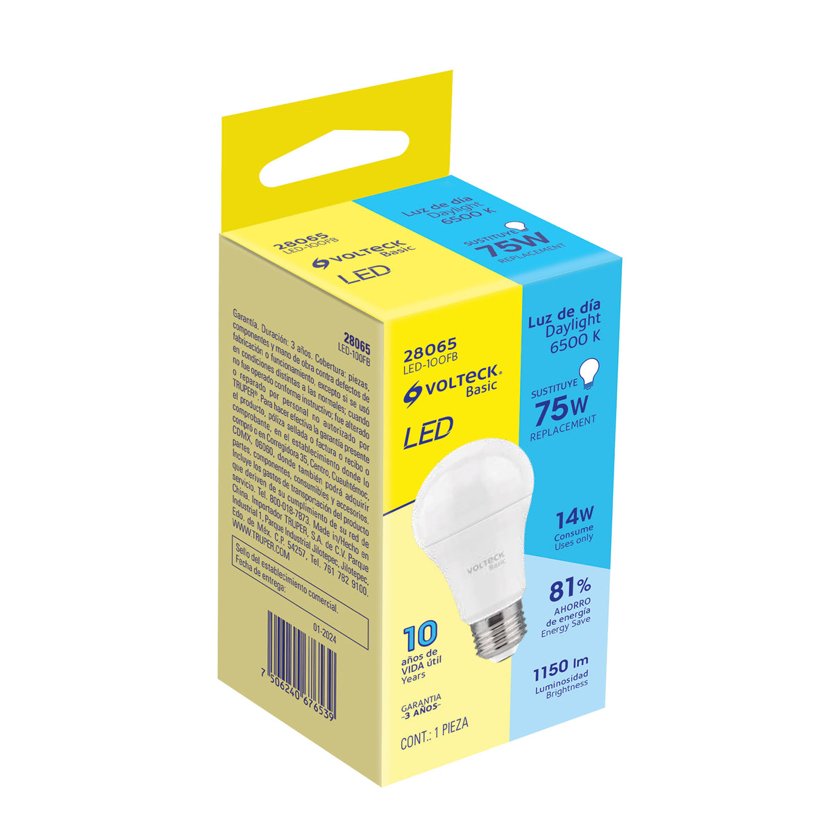 Lámpara de l LED, A19, 14 W, luz de día, Volteck Basic