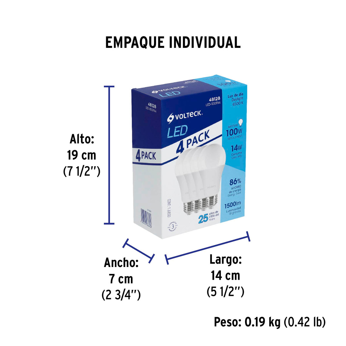 Lámpara LED tipo bulbo, A19, 14 W, luz de día, 4 pzas caja