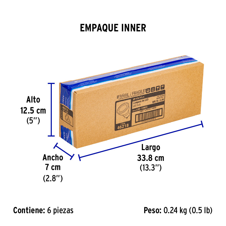 Lámpara de LED, MR16, GU10, 6 W, luz cálida