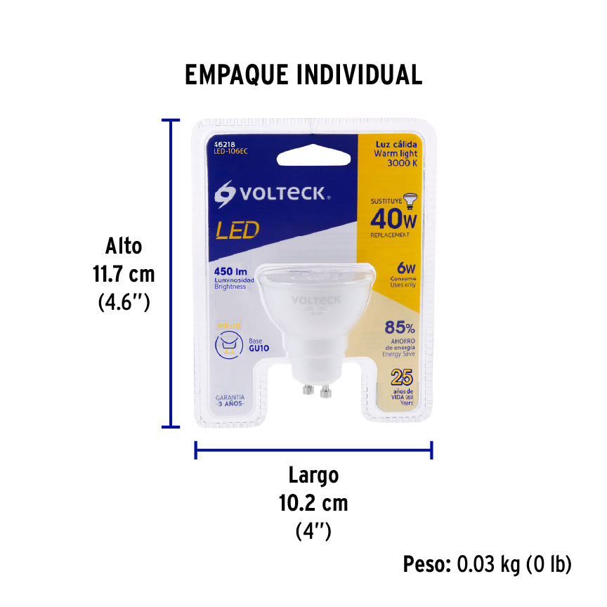 Lámpara de LED, MR16, GU10, 6 W, luz cálida