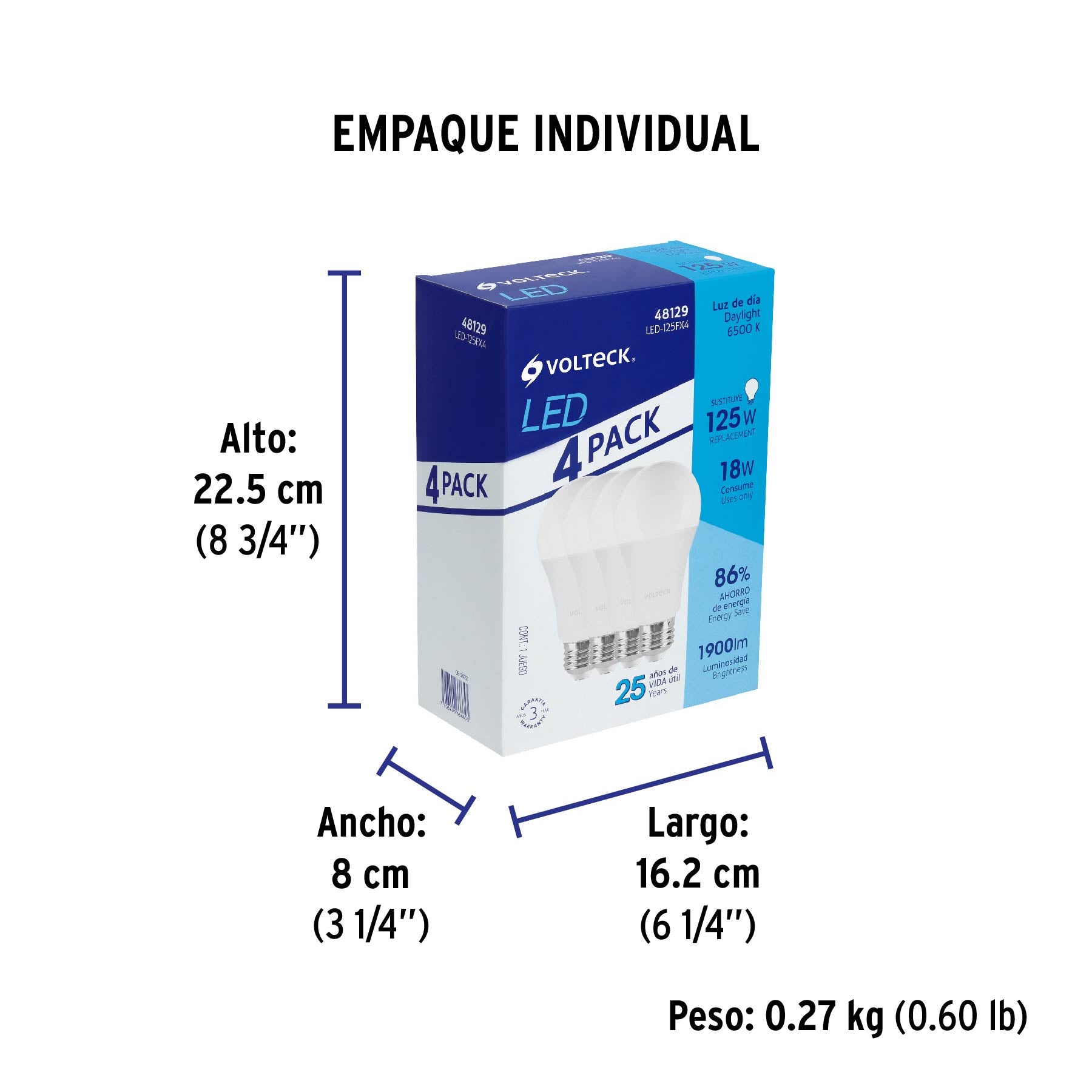 Lámpara LED tipo bulbo, A19, 18 W, luz de día, 4 pzas caja