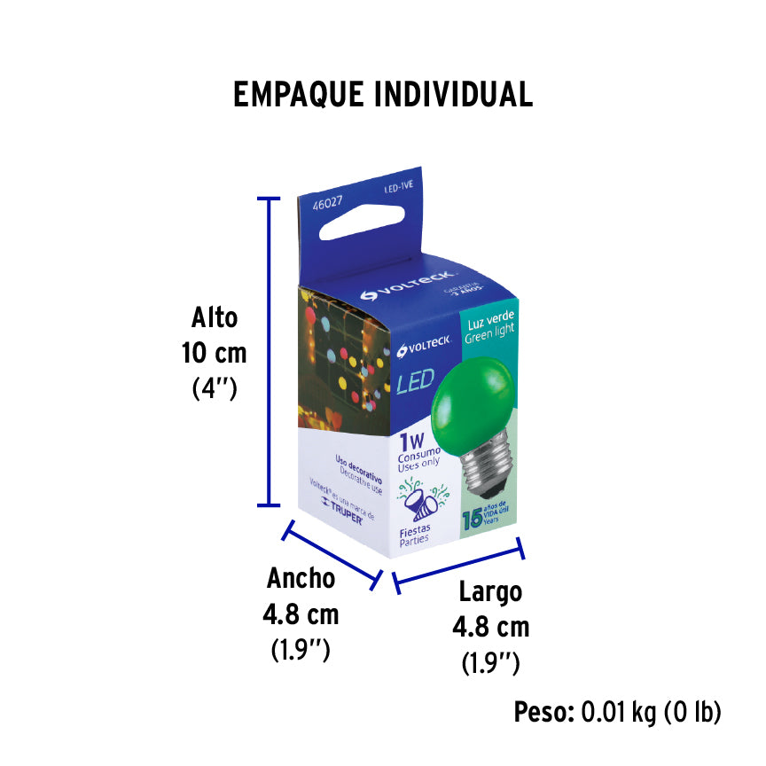 Lámpara de LED, G45, 127 V, 1 W, verde