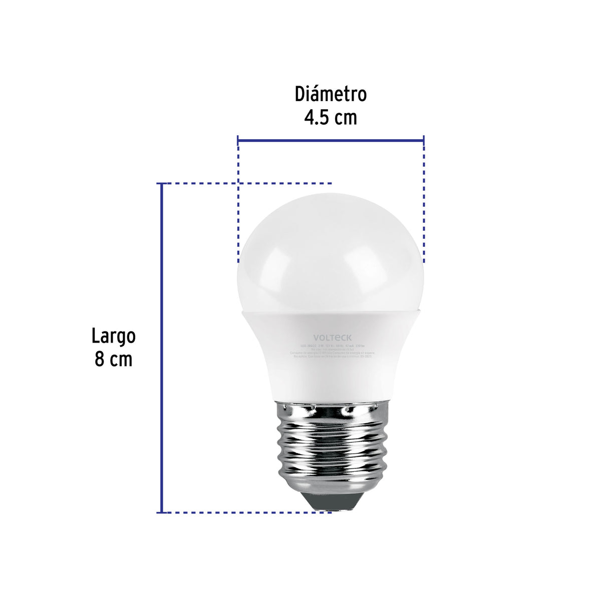 Lámpara LED tipo bulbo G45 3 W luz cálida, caja, Volteck