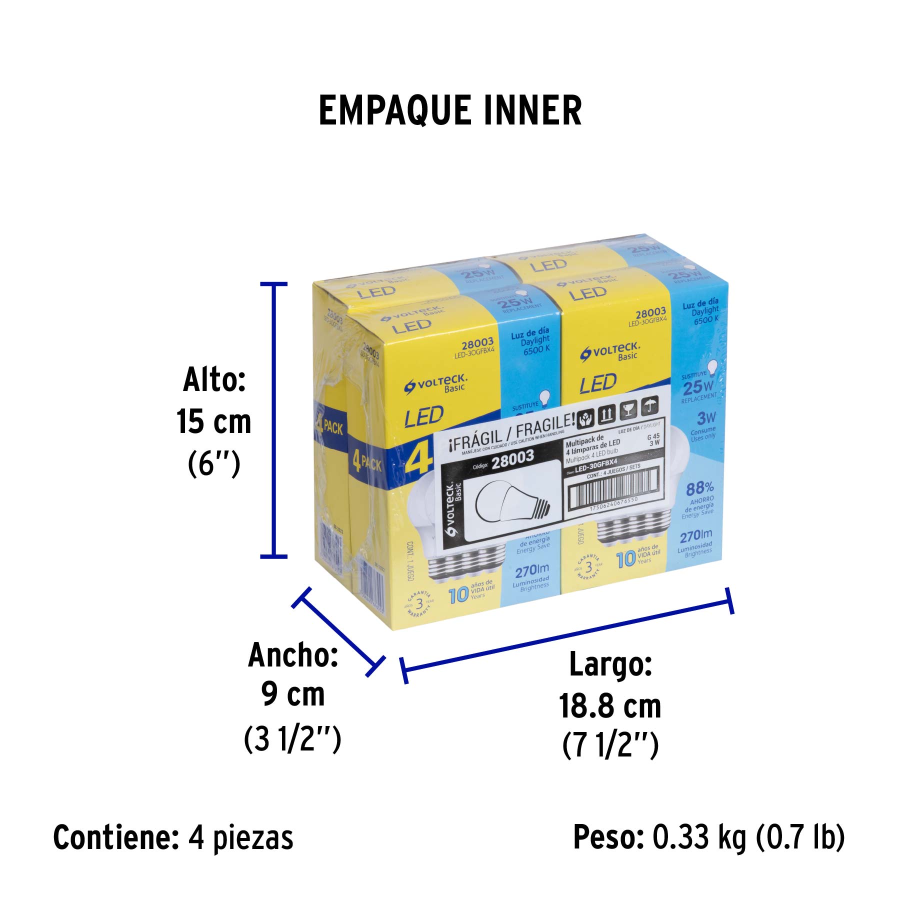 Lámpara LED,A19,3W,luz de día,Volteck Basic, 4 pzas en caja