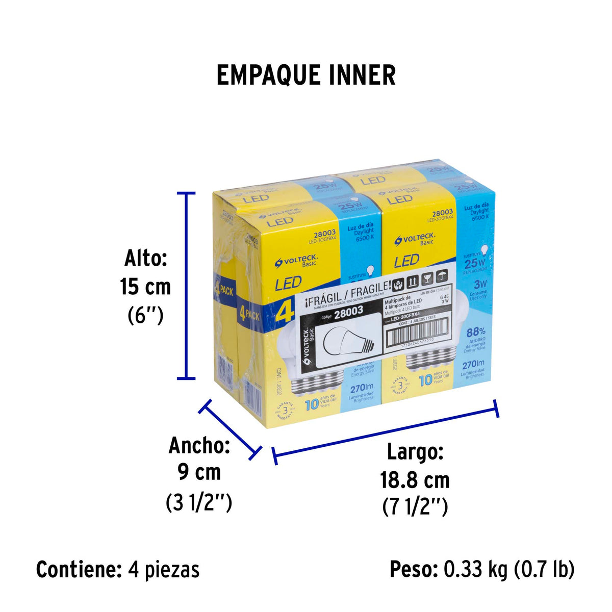 Lámpara LED,A19,3W,luz de día,Volteck Basic, 4 pzas en caja