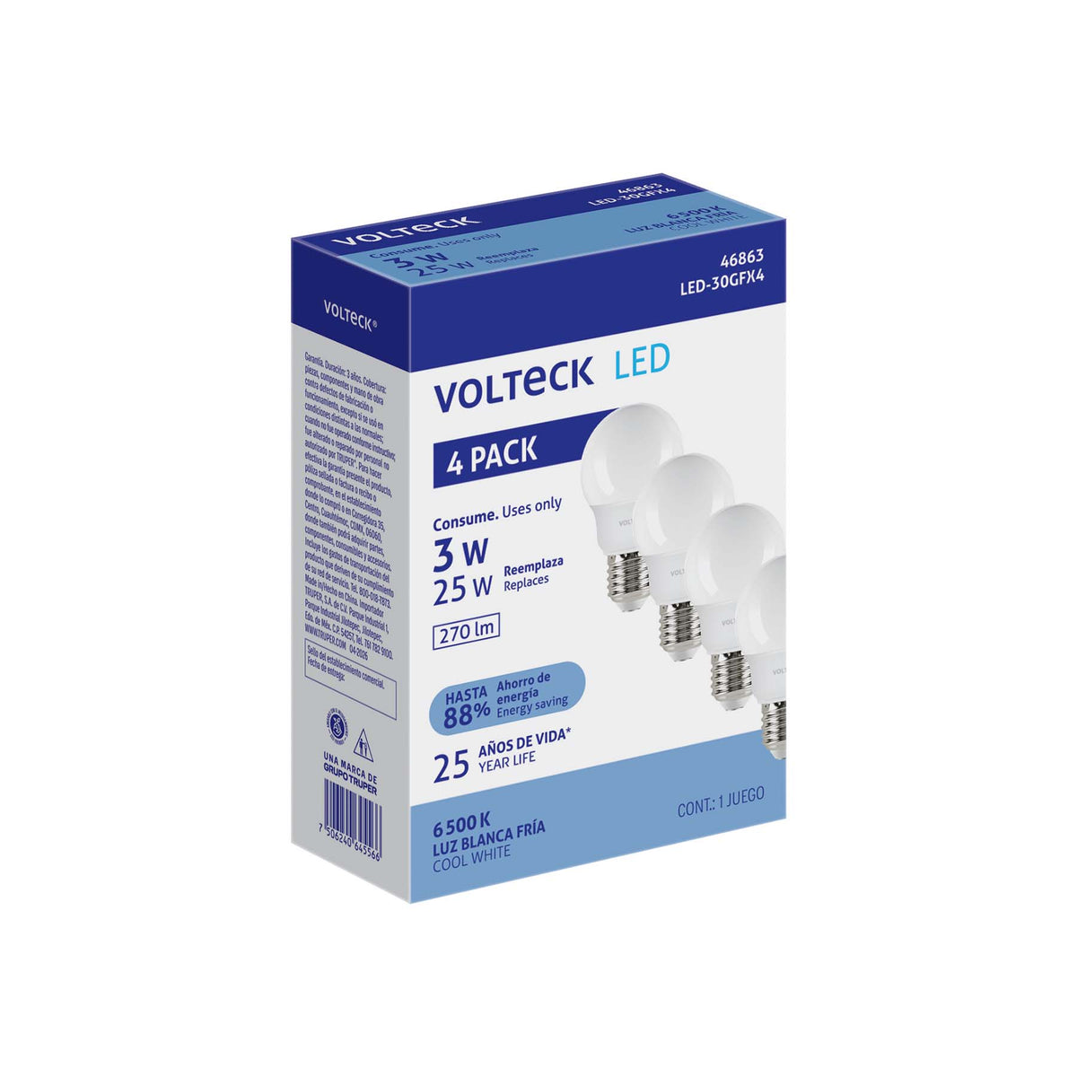 Lámpara de LED, A19, 3W, E27, luz de día, 4 piezas en caja
